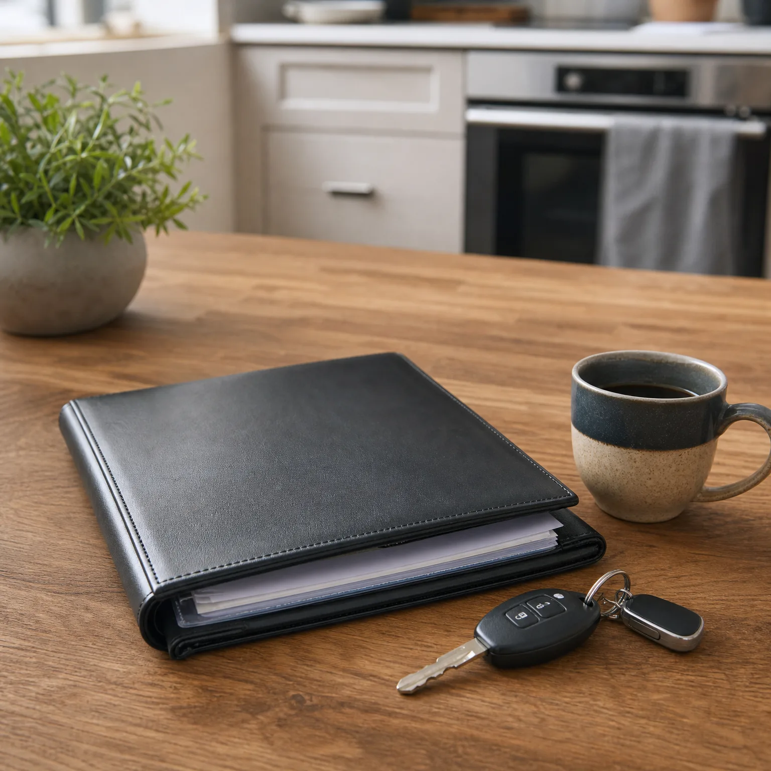 A black leather folder holding papers rests on a wooden table beside a ceramic mug of dark coffee and a car key fob, with a potted plant and kitchen cabinets blurred in the background.