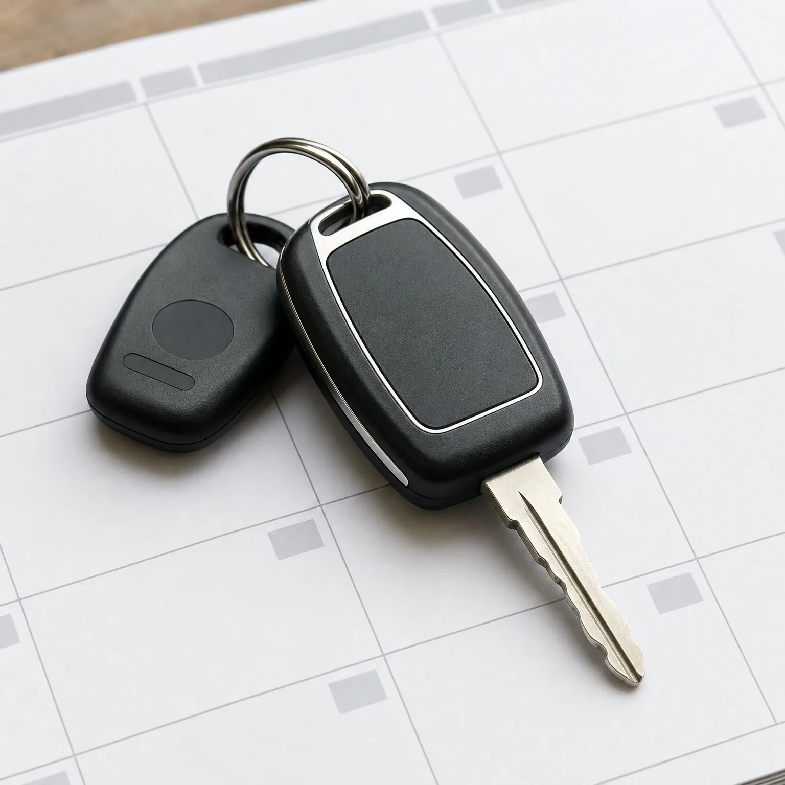 A black car key with an attached black fob on a split ring, resting on a white grid-lined calendar page over a wooden surface.