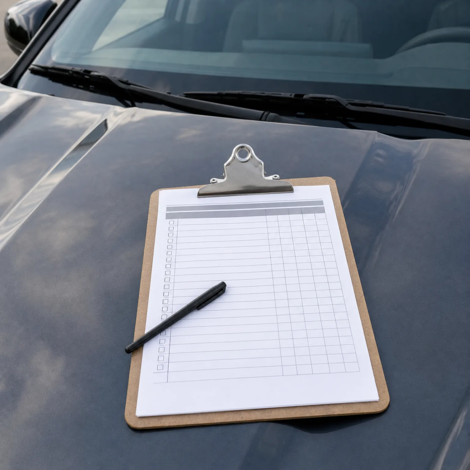 A wooden clipboard holding a blank checklist form with a black pen resting on it, placed on the hood of a dark grey car near the windshield wipers.