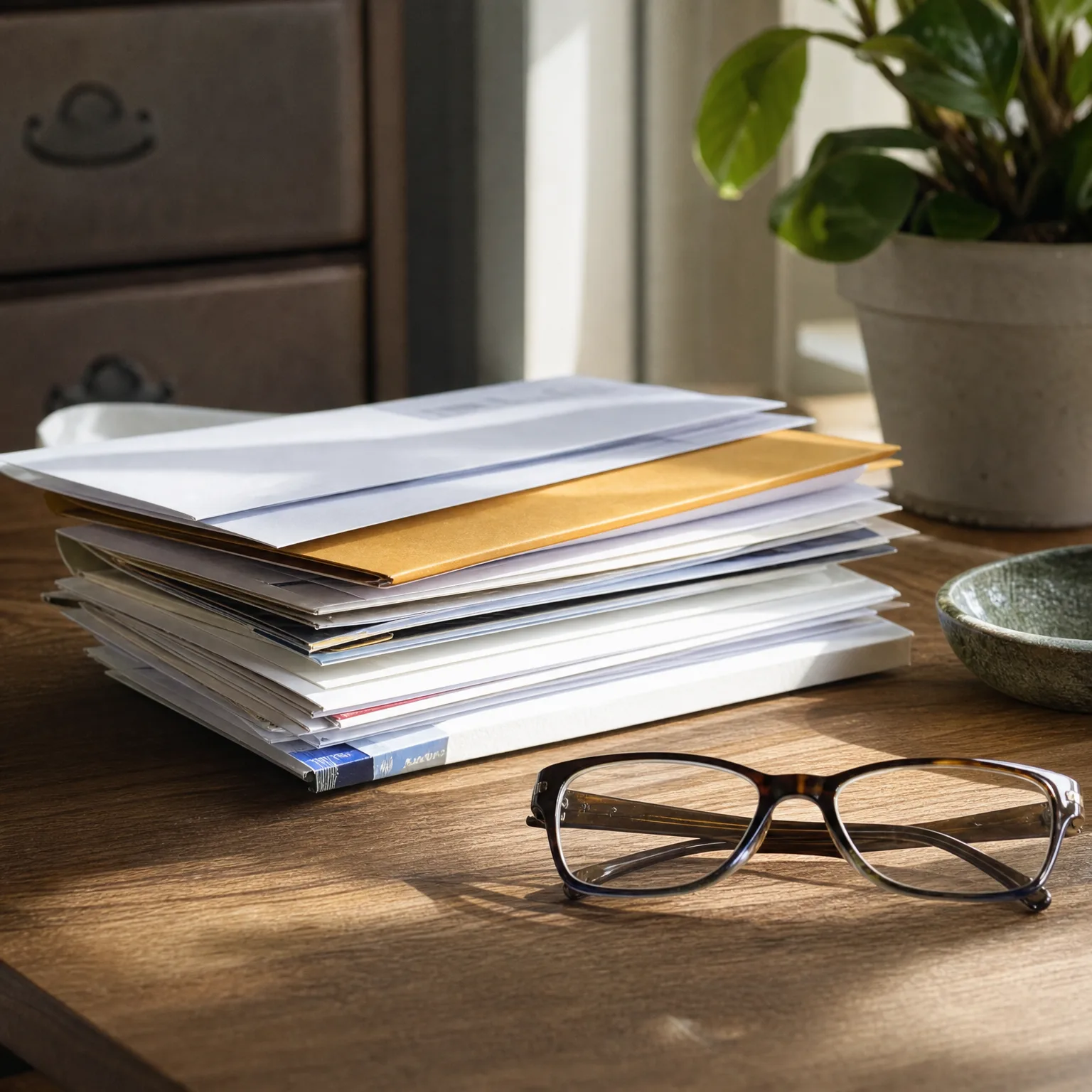A stack of white and manila envelopes and papers sits on a wooden table beside folded tortoiseshell eyeglasses, with a potted green plant and a ceramic bowl in the background.