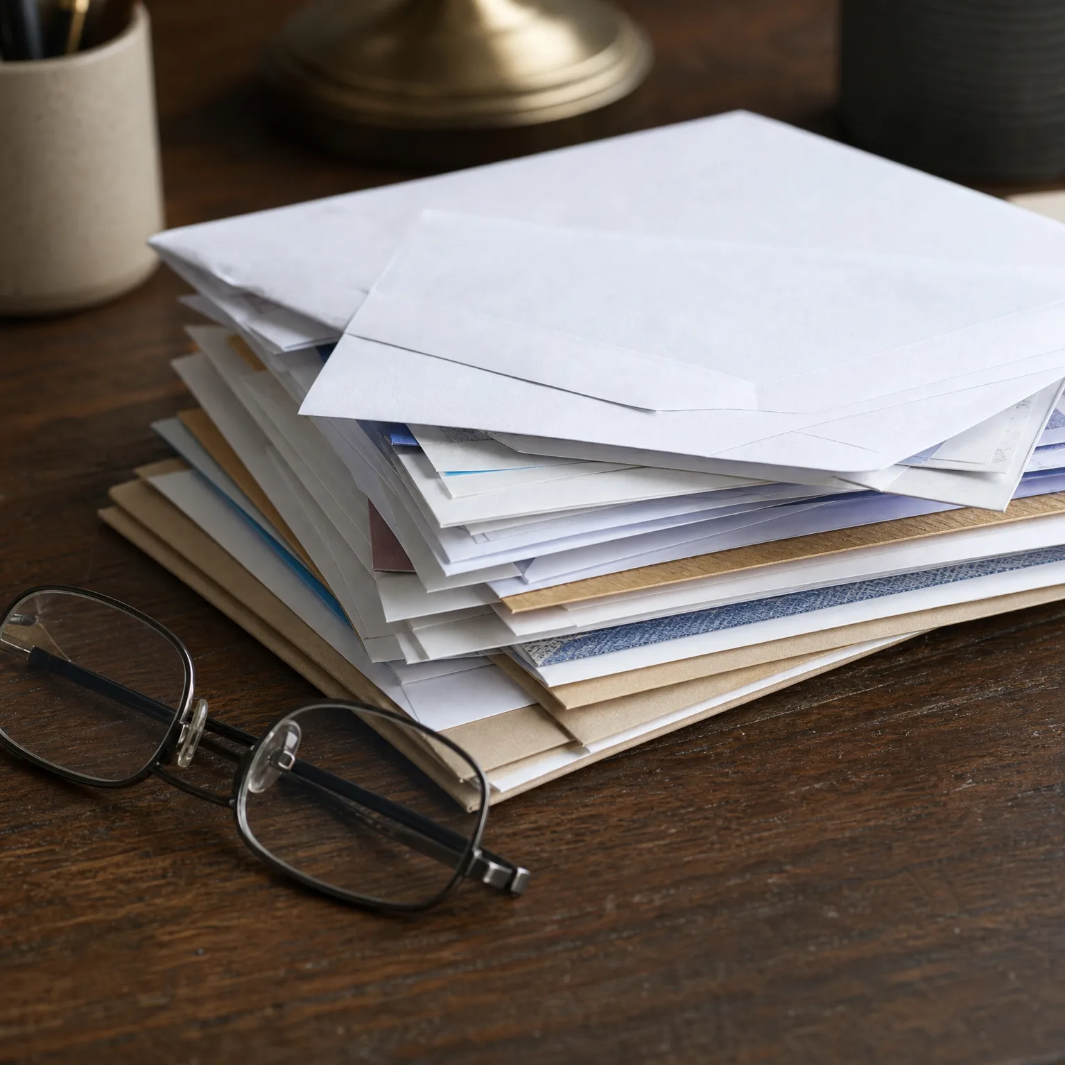A stack of white, cream and blue envelopes and papers on a dark wood desk, with folded metal-framed eyeglasses in front and a ceramic pen cup and lamp base blurred behind.