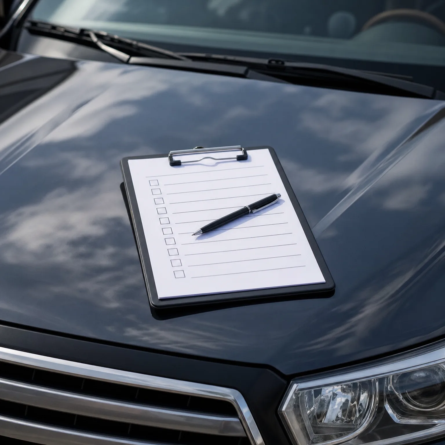 A black clipboard holding a blank lined checklist with empty tick boxes and a pen resting on it, placed on the hood of a dark car.