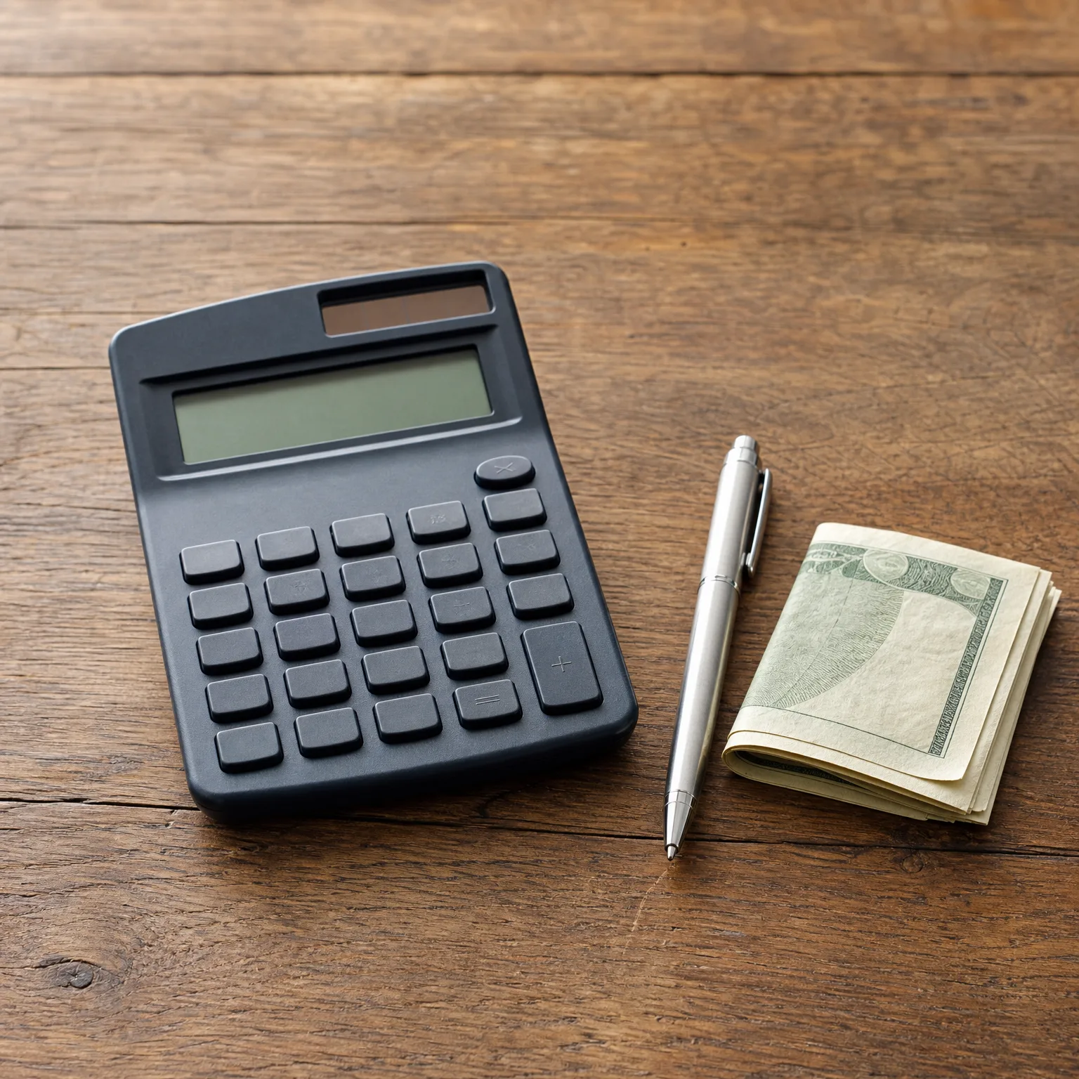 A black calculator, a silver ballpoint pen, and a folded stack of banknotes on a dark wooden surface.