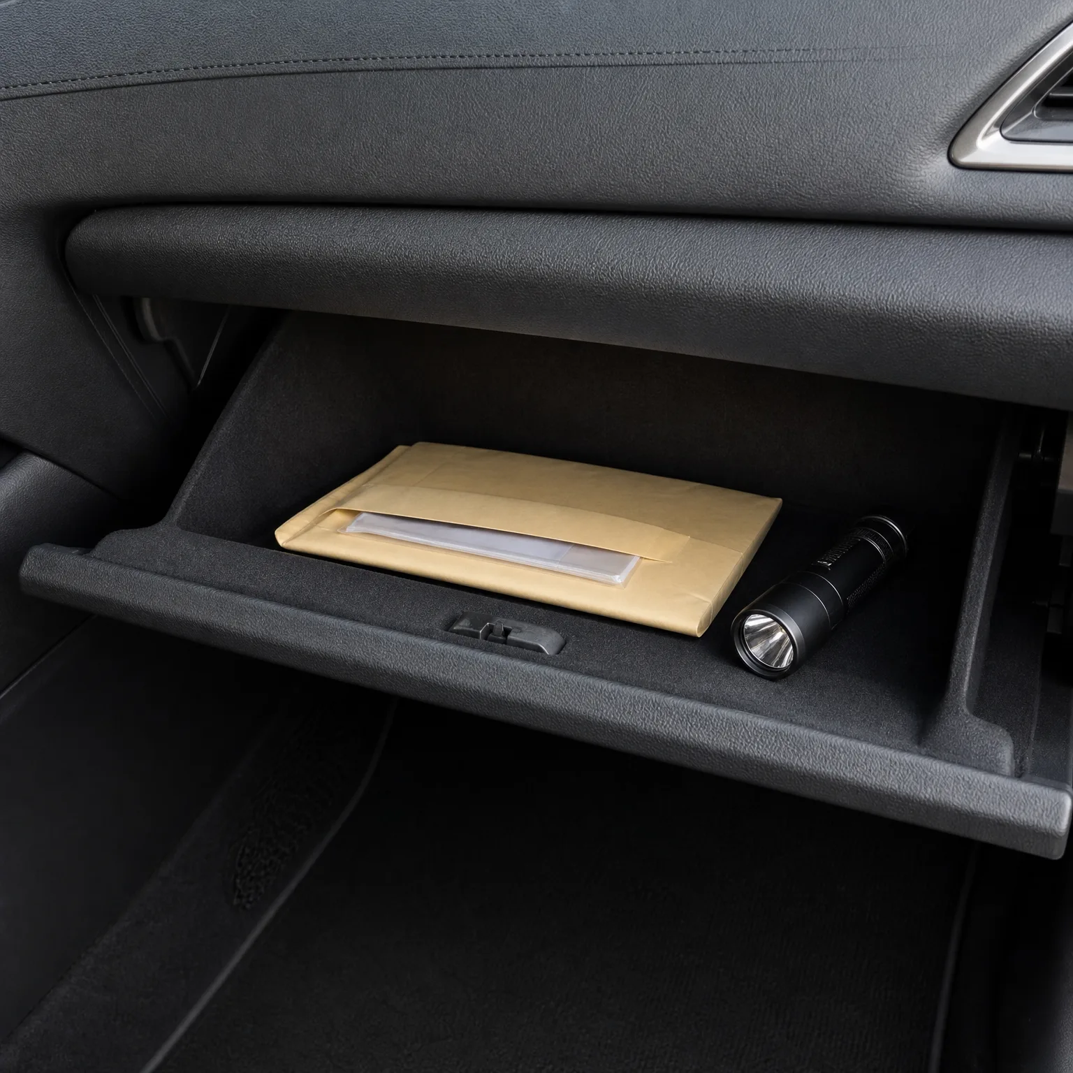 An open car glove compartment containing a padded yellow envelope and a small black flashlight.