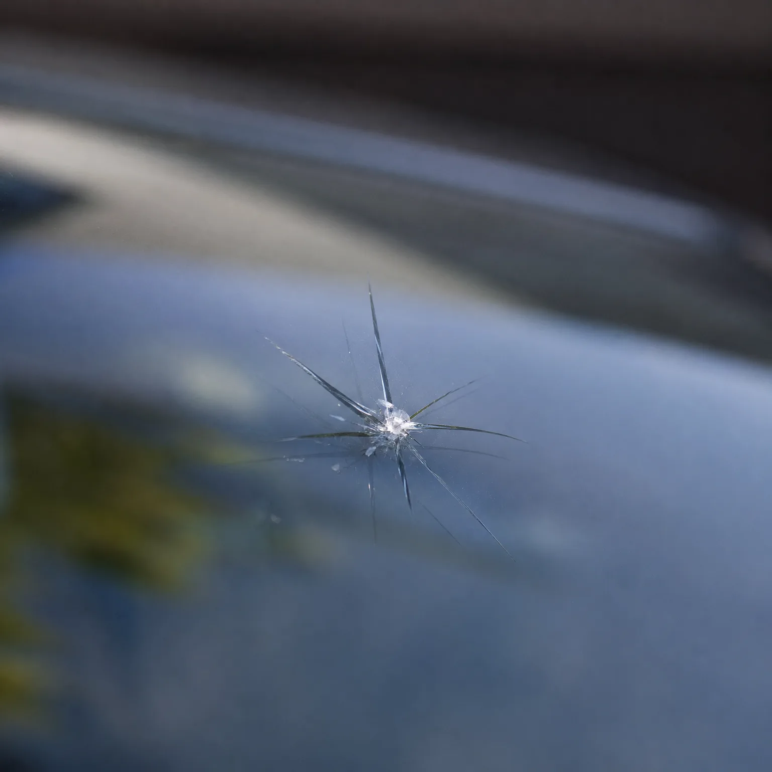 Close-up of a star-shaped chip with radiating cracks in a vehicle's windshield, with blurred surroundings reflected in the glass.