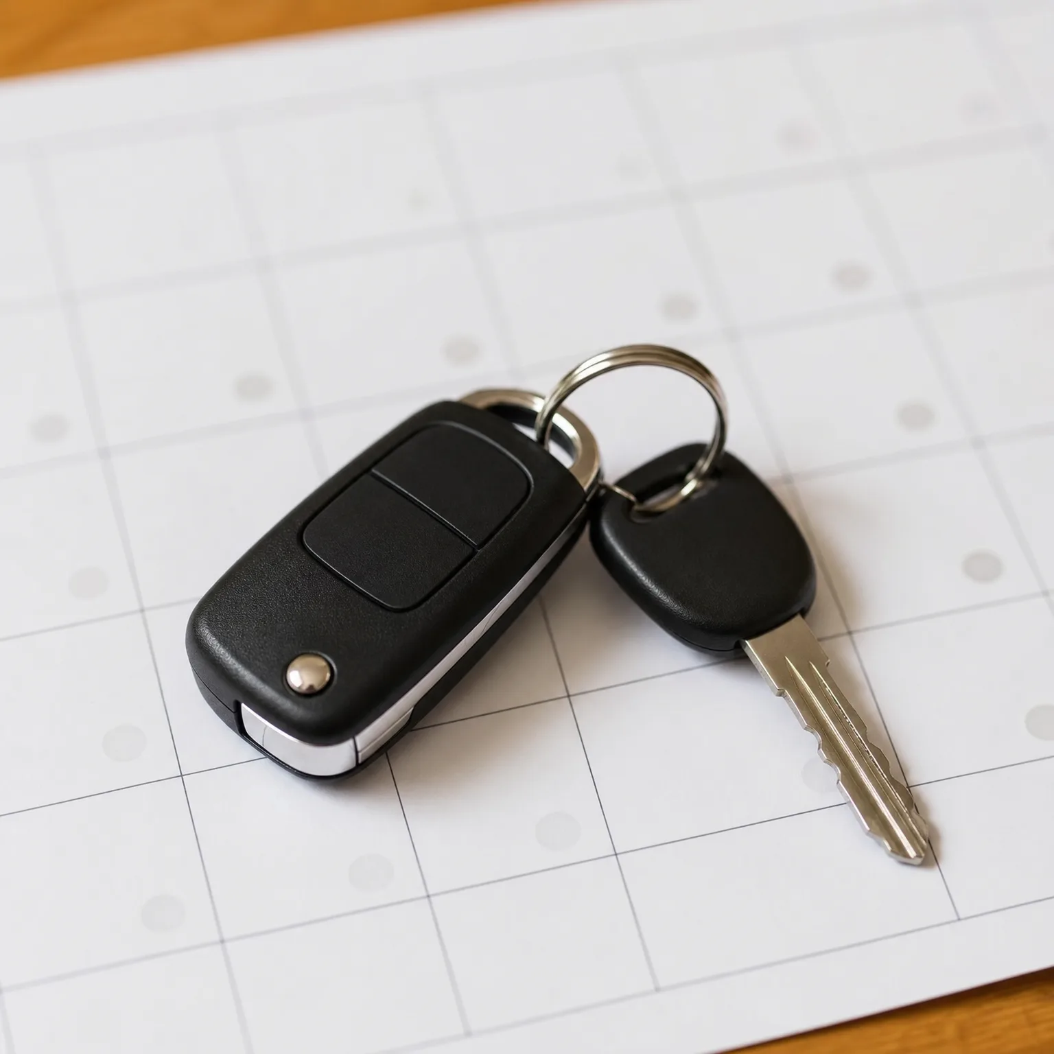 A black flip-style car remote key and a second key on a metal split ring, resting on a white grid-printed sheet of paper over a wooden surface.