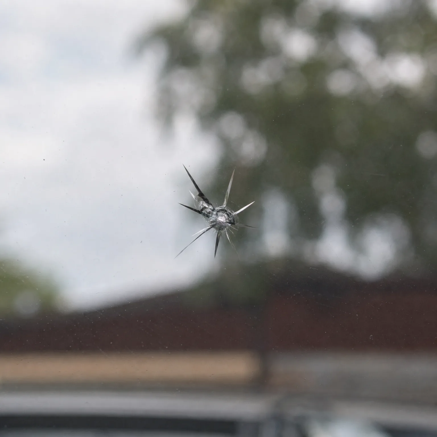 Close-up of a star-shaped chip and radiating cracks in a vehicle windshield, with a blurred tree, roofline and sky behind.