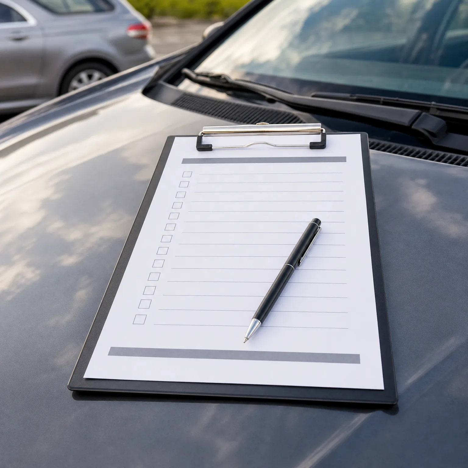 A black clipboard holding a blank lined checklist form with a pen resting on it, placed on the hood of a dark car, with another car and greenery blurred in the background.