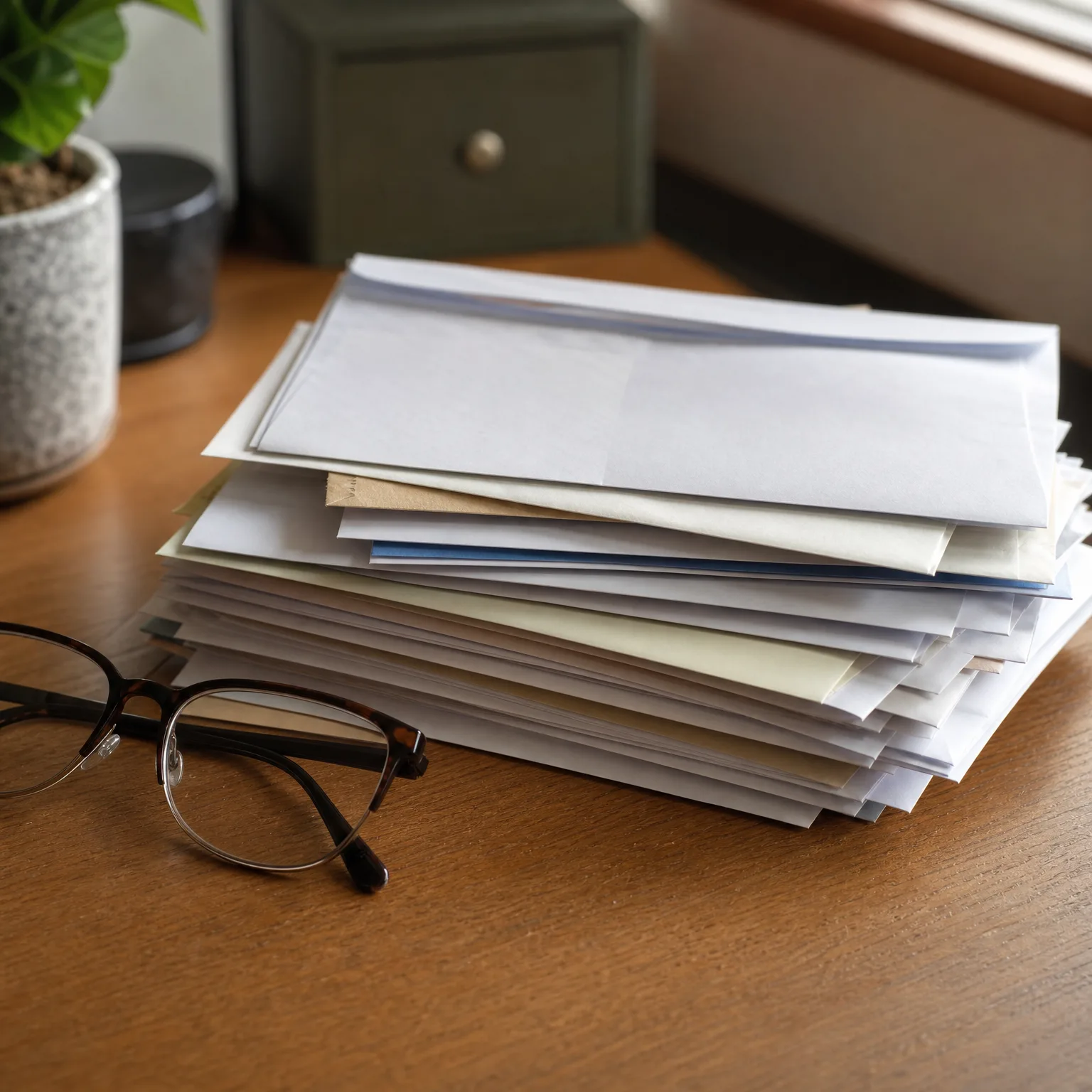 A stack of white and cream envelopes on a wooden table beside a pair of dark-rimmed eyeglasses, with a potted plant and a green box blurred in the background near a window.