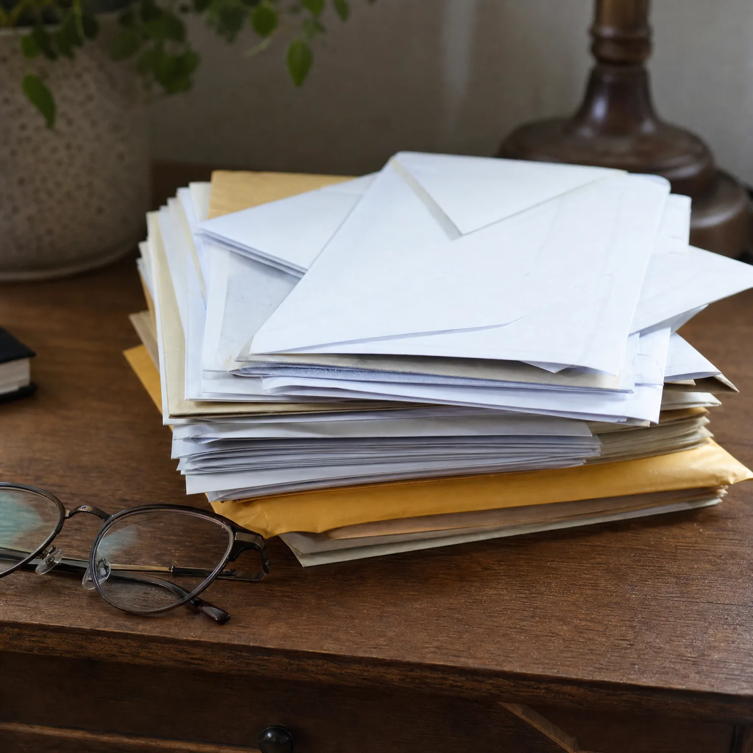 A stack of white and manila envelopes on a wooden table beside a pair of wire-rimmed eyeglasses, with a potted plant and lamp base blurred in the background.