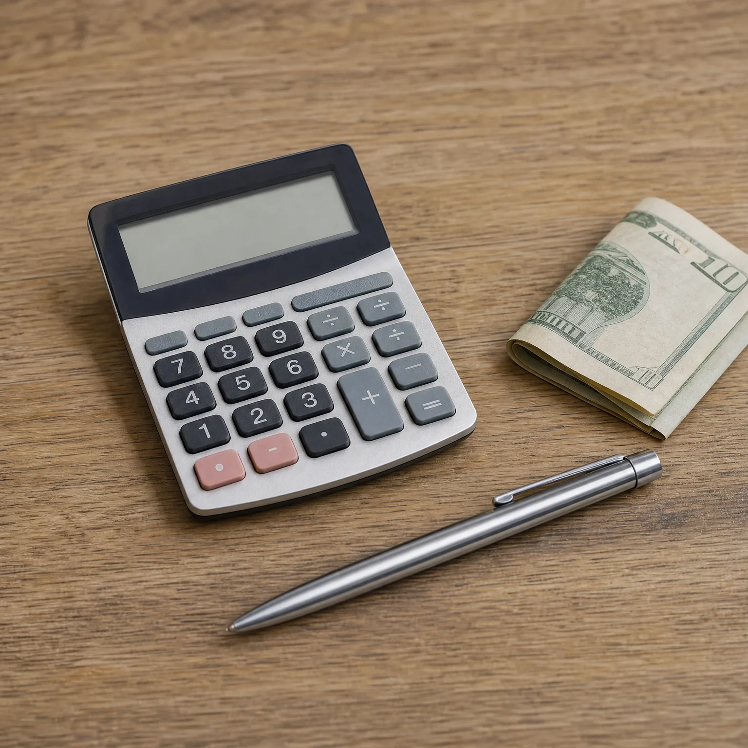 A calculator with a blank display, a folded banknote, and a silver ballpoint pen on a wooden surface.