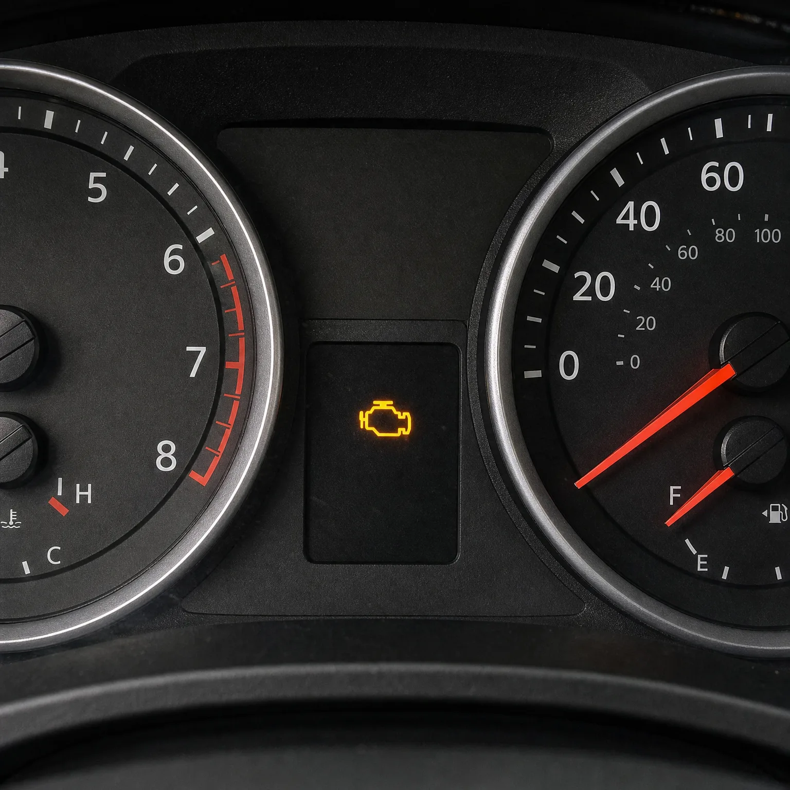 Close-up of a car instrument cluster showing a tachometer on the left, a speedometer with fuel and temperature gauges on the right, and an illuminated amber engine warning symbol in the center panel.