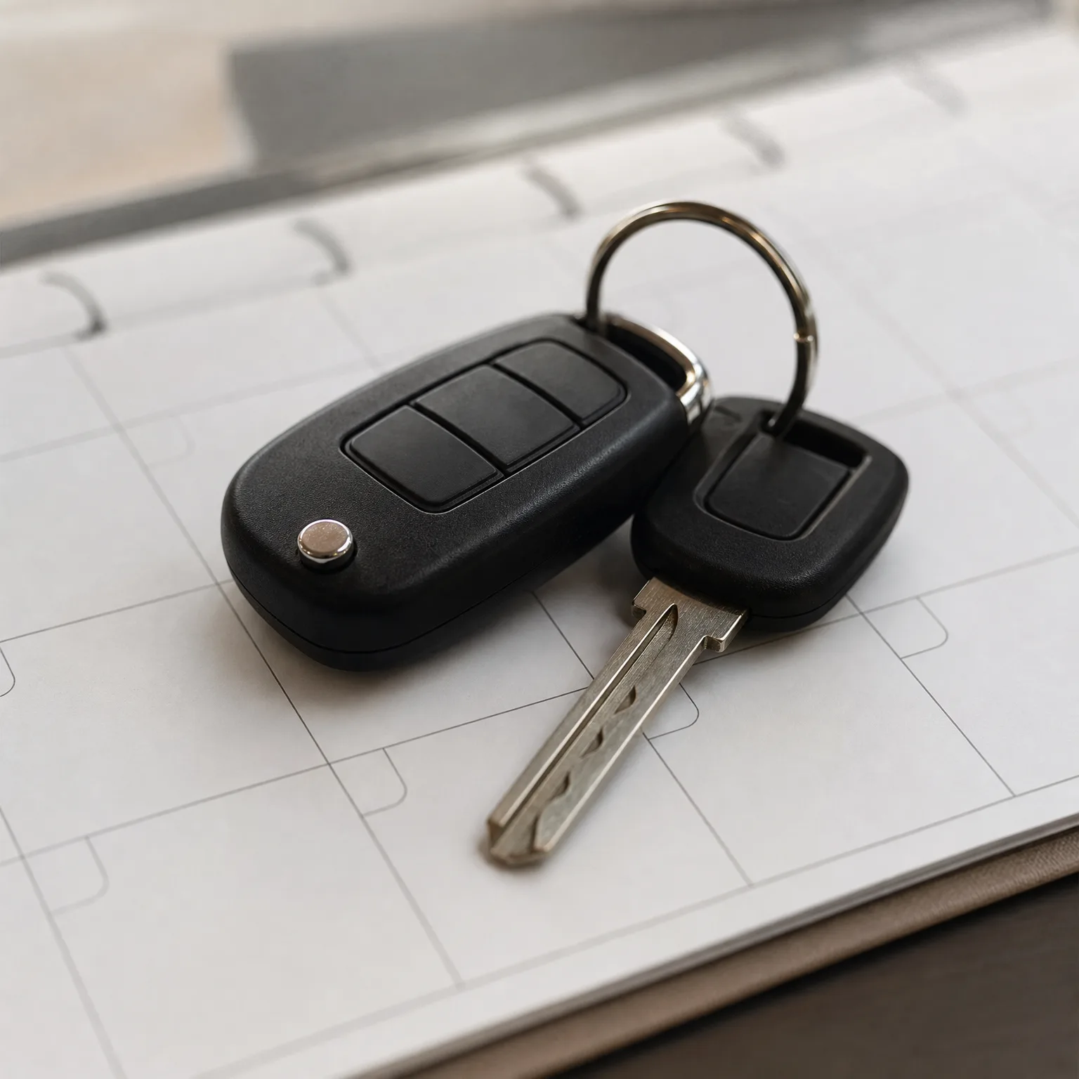 A black flip-style remote car key and a second key with a black head on a split ring, resting on an open page with a printed grid.