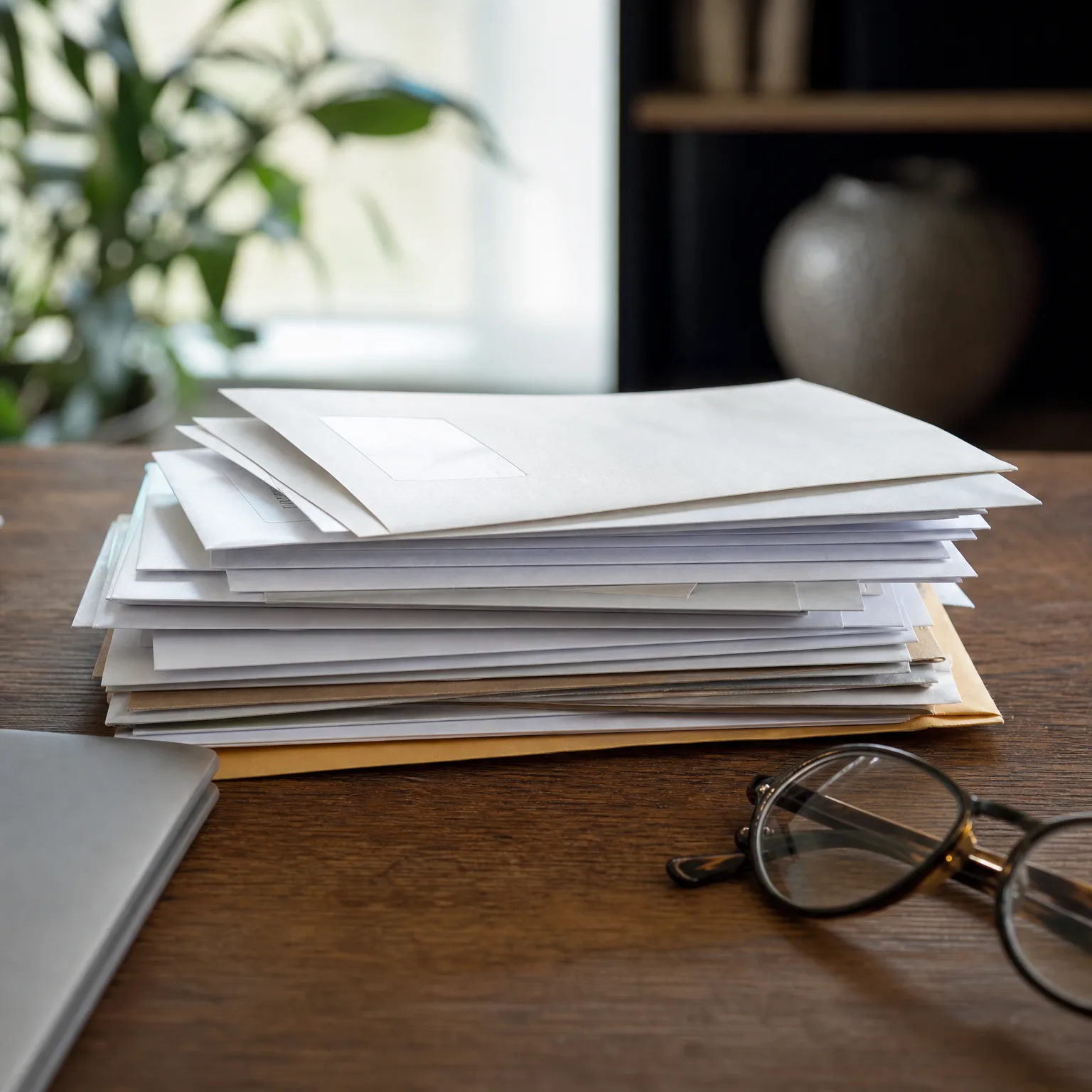 A stack of white and manila envelopes on a dark wooden table, with eyeglasses to the right, a laptop edge at lower left, and a blurred plant and vase in the background.