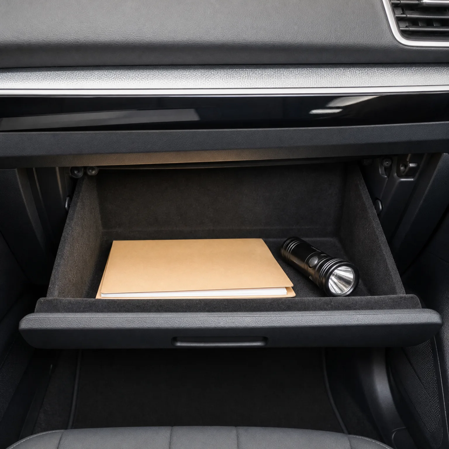 An open car glove compartment containing a tan paper folder with white papers and a black flashlight, with the dashboard above and floor mat below.