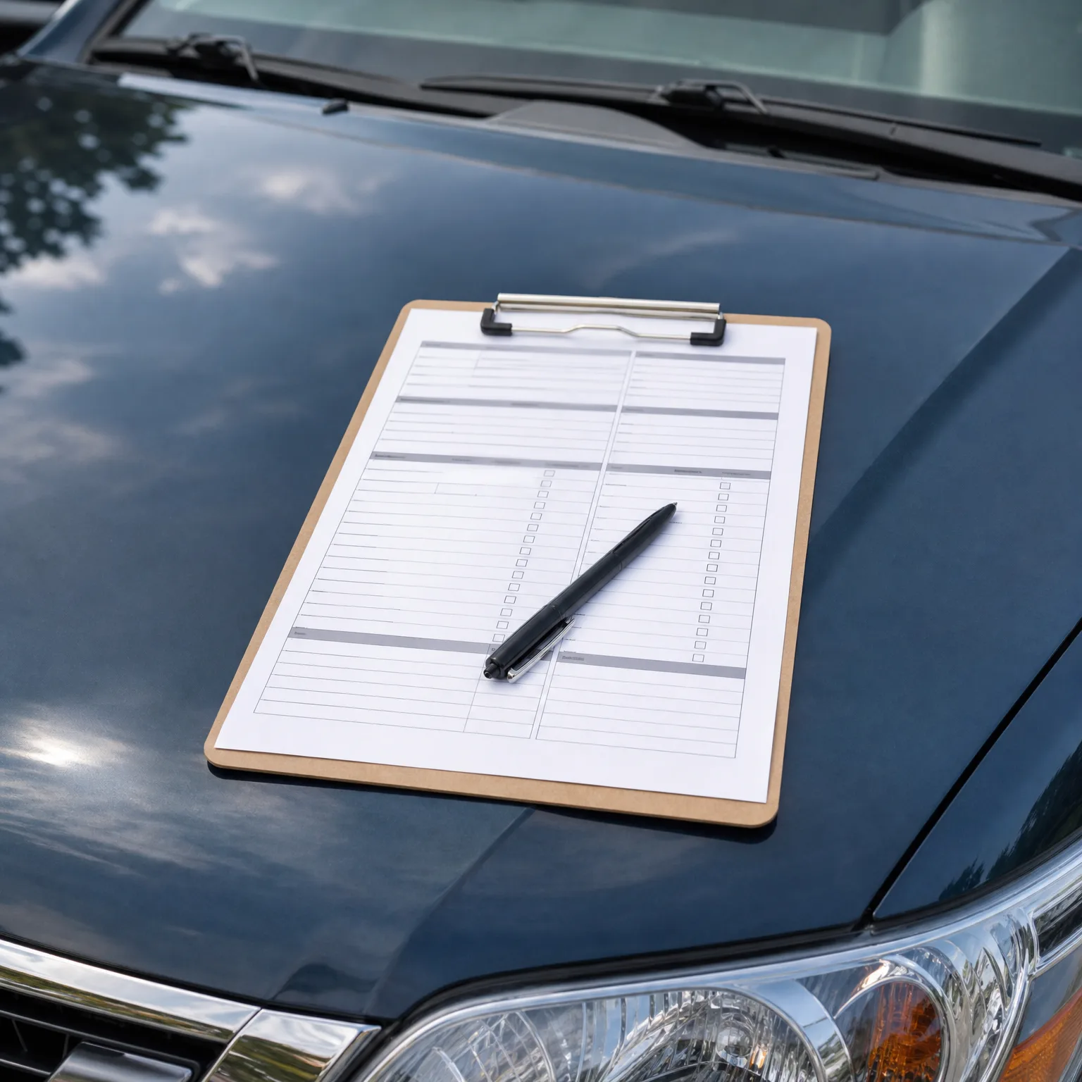 A wooden clipboard holding a blank checklist form with a black pen resting on it, placed on the dark hood of a car that reflects trees and sky.