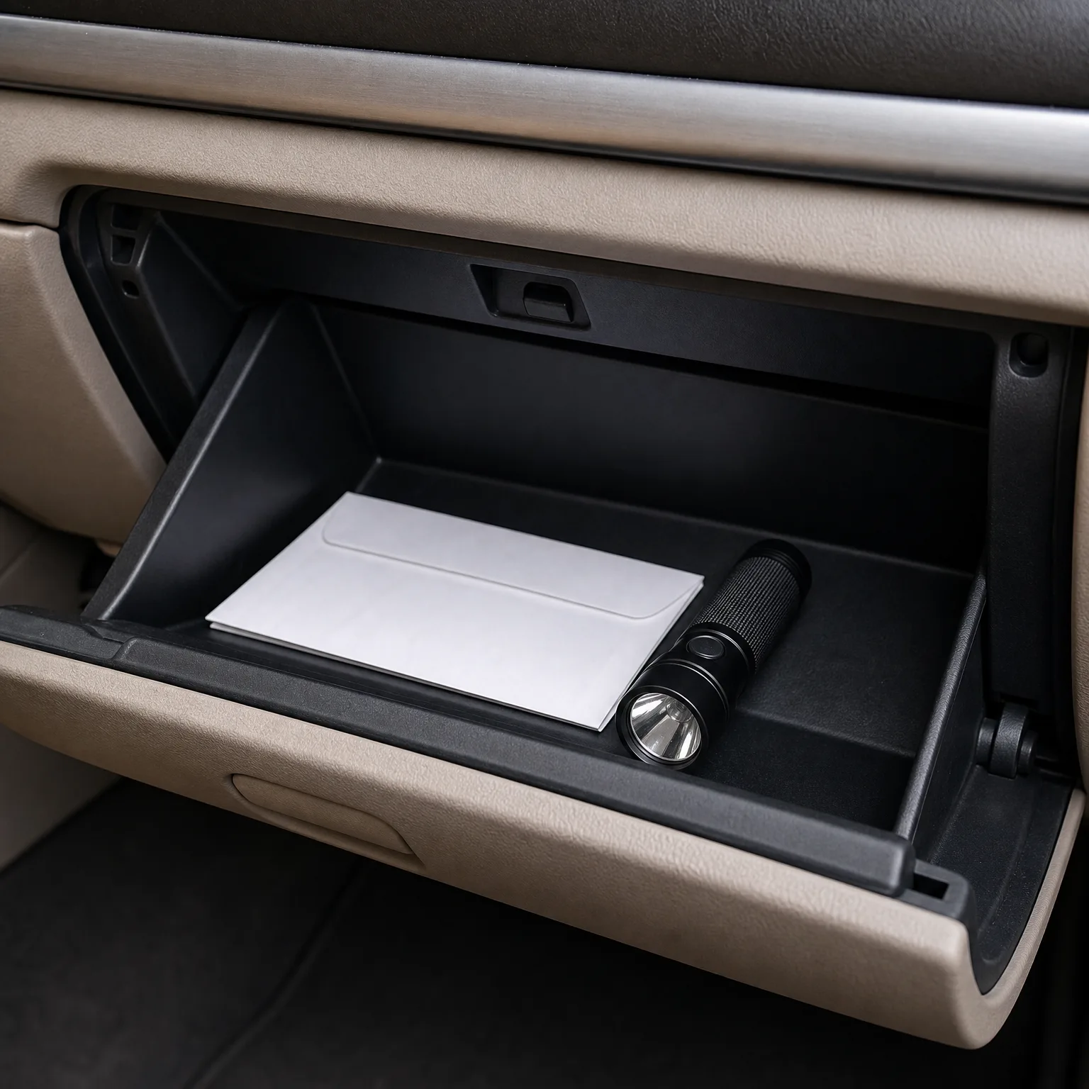 An open glove compartment in a beige car interior containing a white envelope and a black flashlight.