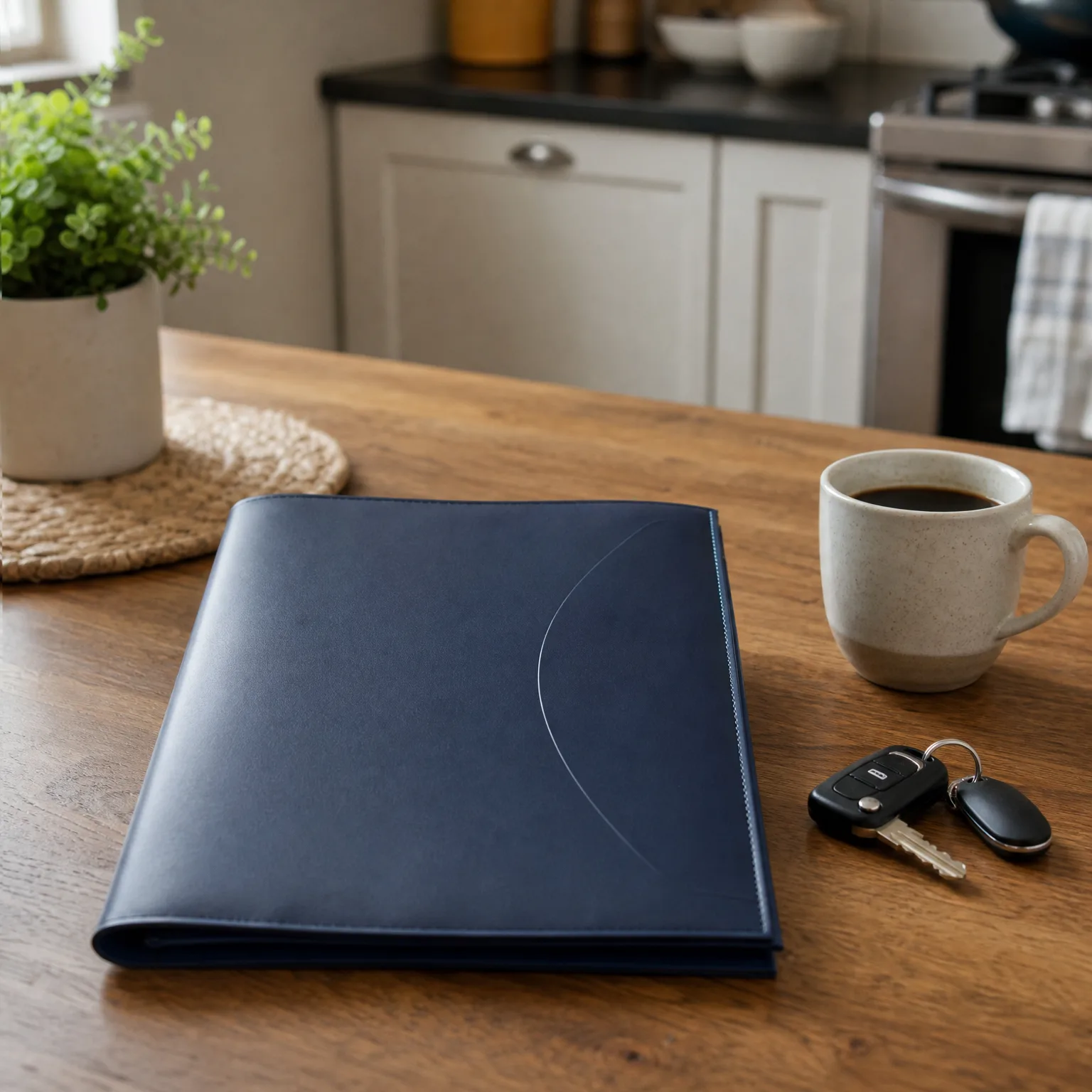 A navy leather portfolio folder lies on a wooden table beside a ceramic mug of black coffee and a car key fob with keys, with a potted plant and kitchen cabinets and stove blurred in the background.