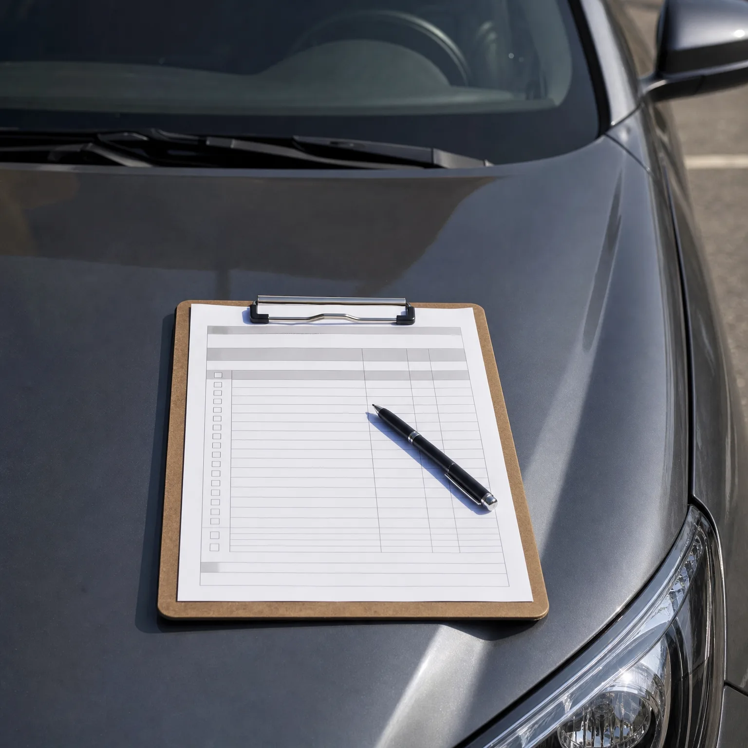 A wooden clipboard holding a blank lined checklist form with a black pen resting on it, placed on the hood of a gray car near the windshield.