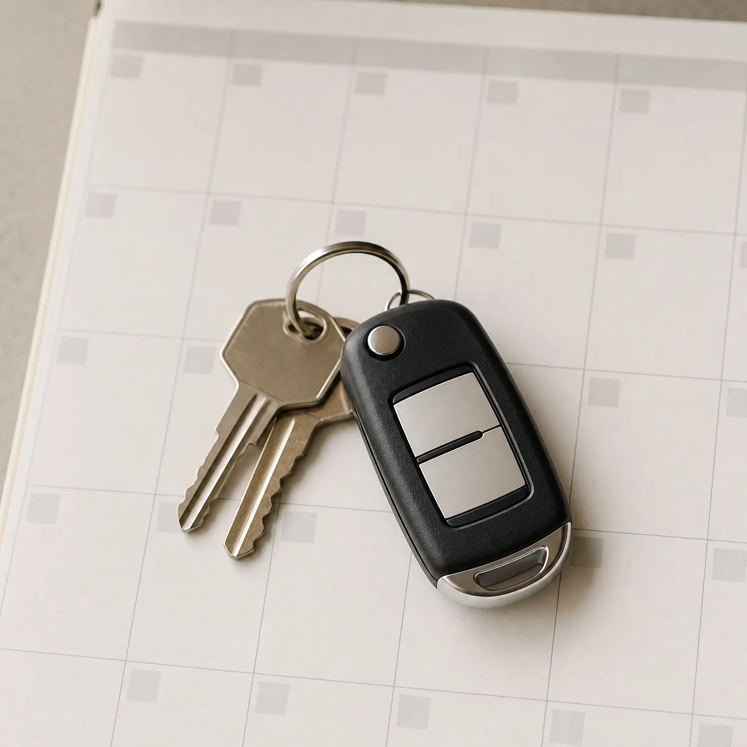A black two-button car key fob on a split ring with two brass house keys, resting on a light grid-patterned paper surface.