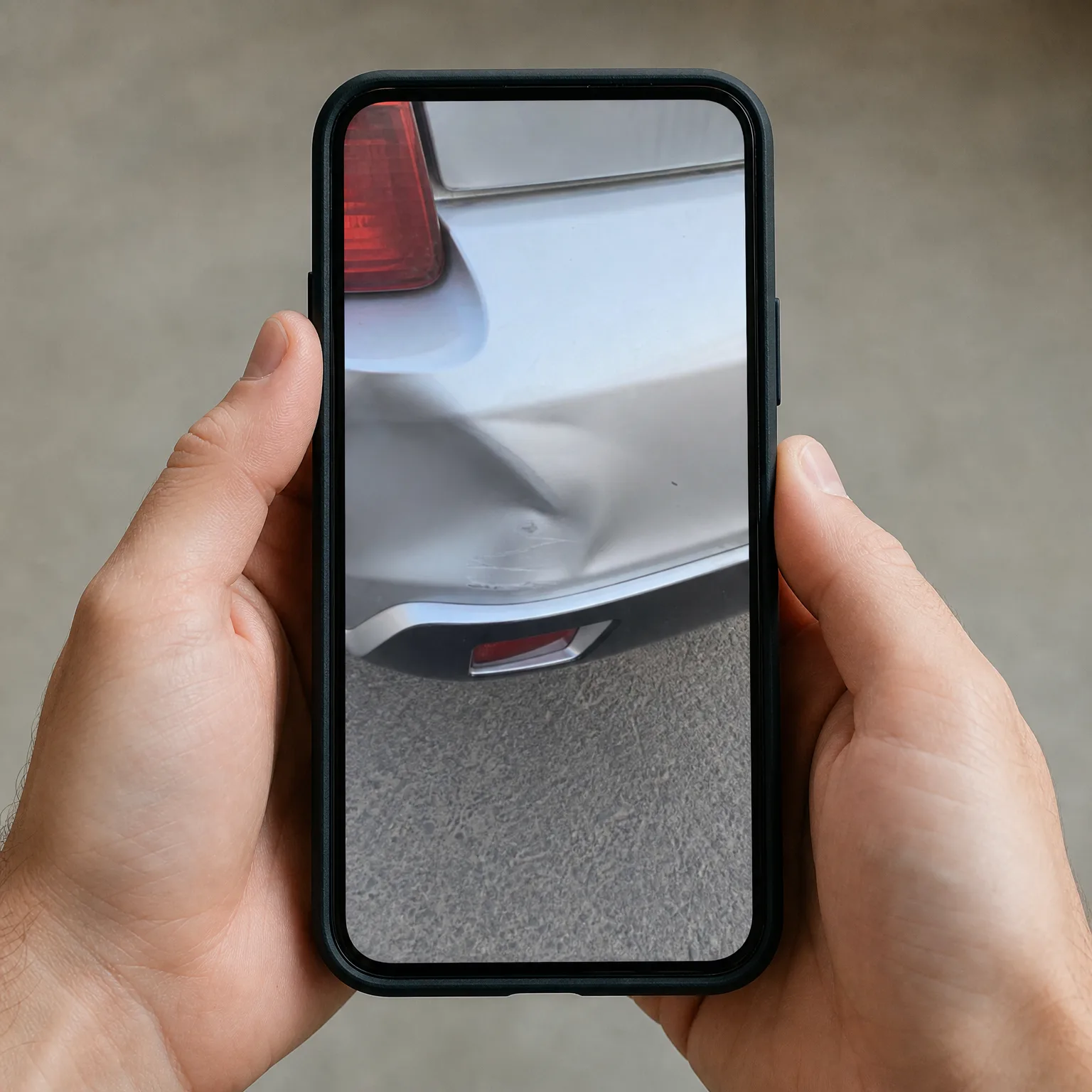 Two hands hold a black-cased smartphone displaying a photo of a dented rear bumper on a silver car, with a gray floor in the background.