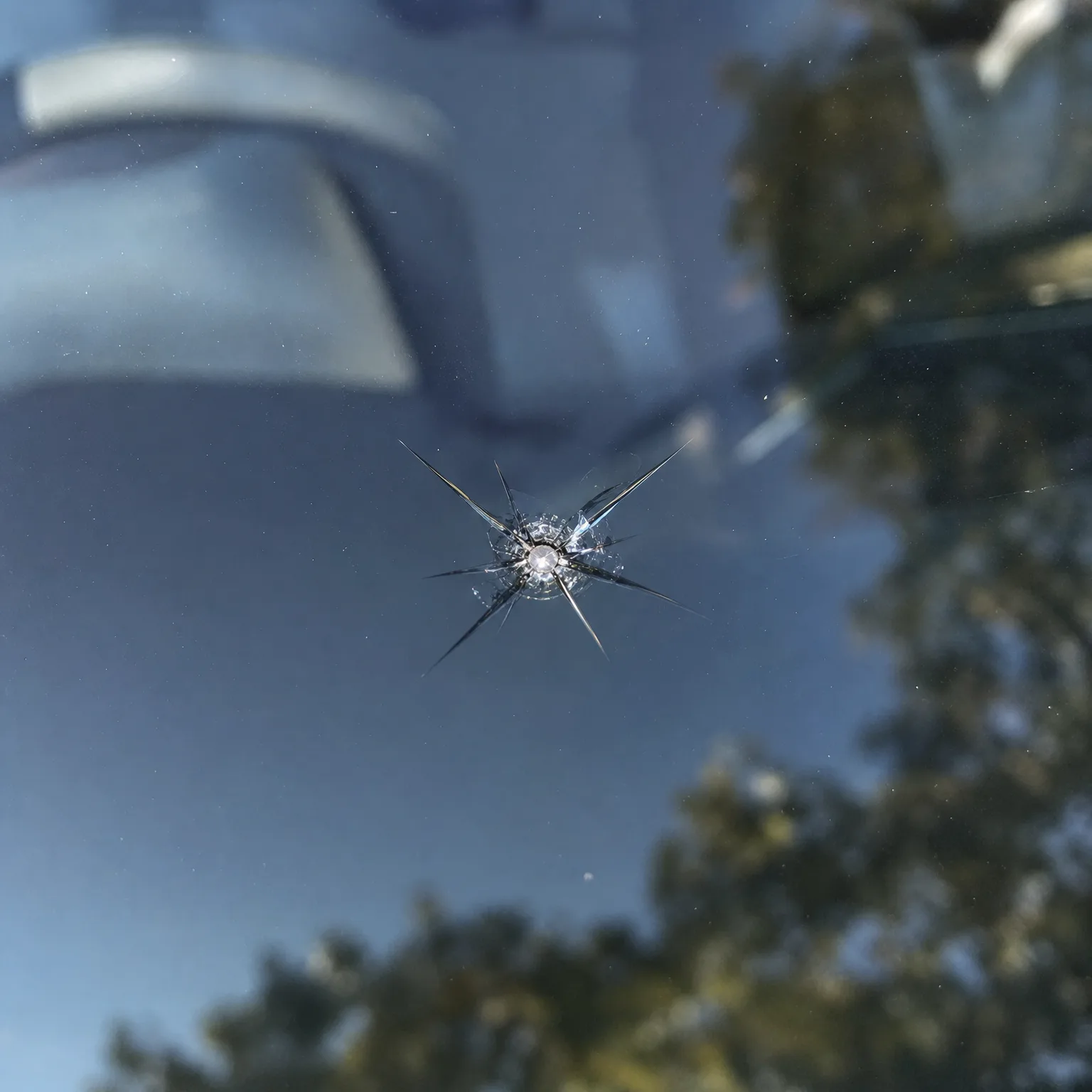 Close-up of a star-shaped chip and radiating cracks in a vehicle windshield, with blurred trees and sky reflected in the glass.