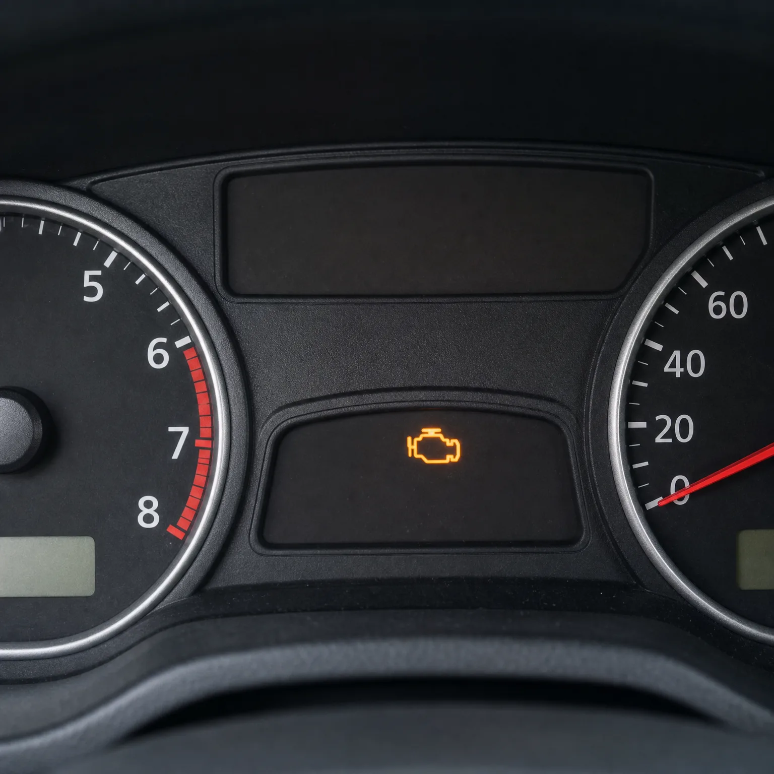 Close-up of a car instrument cluster showing an illuminated orange check-engine symbol between a tachometer marked 5 to 8 and a speedometer with a red needle near 0.