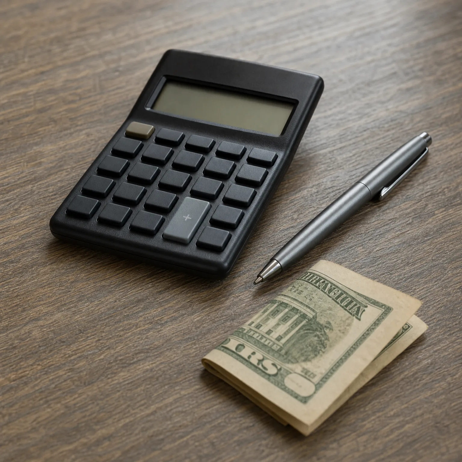 A black calculator, a silver ballpoint pen, and a small folded stack of banknotes arranged on a dark wood surface.