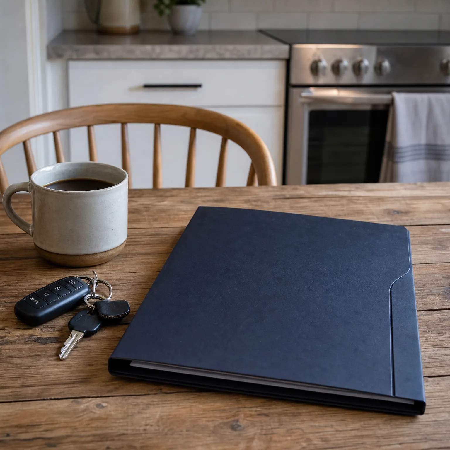 A dark navy folder lies on a wooden table beside a ceramic mug of coffee and a car key fob with keys, with a wooden chair, cabinets and a stainless steel oven blurred in the background.