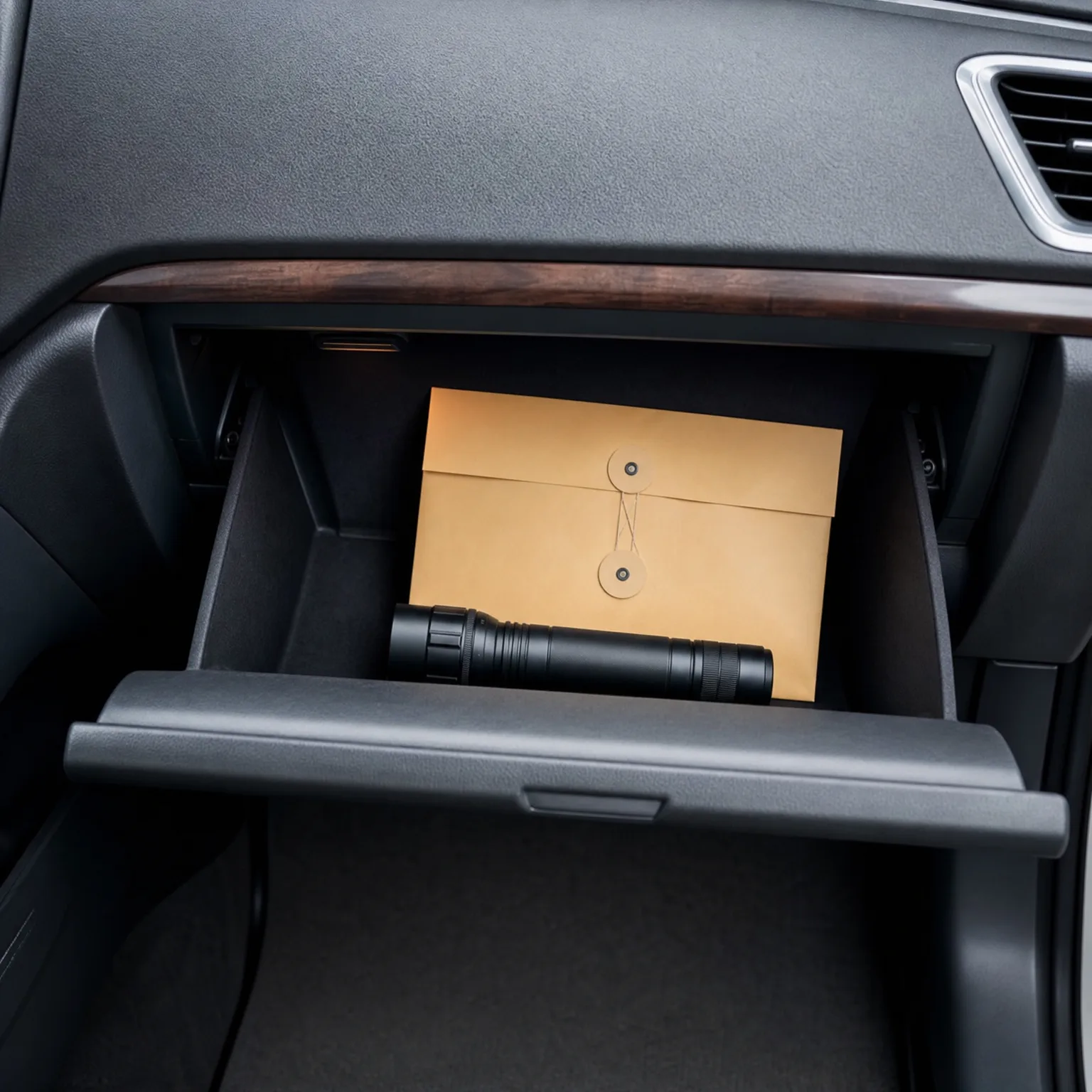 An open car glove compartment containing a black flashlight resting in front of a tan string-tie envelope, with a wood trim strip on the dashboard above.