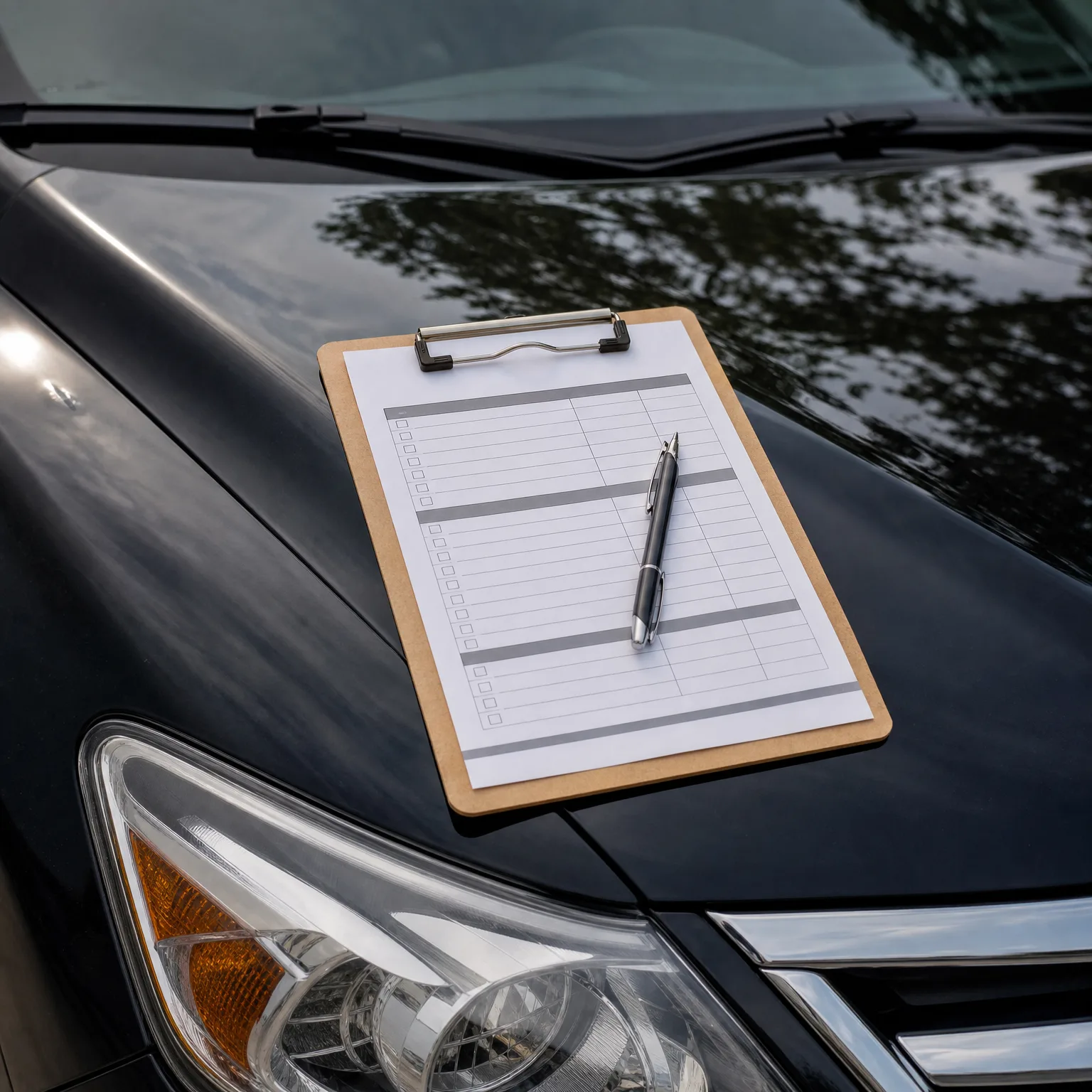 A wooden clipboard holding a blank checklist form with a pen resting on it, placed on the hood of a dark car with trees reflected in the paint and windshield.