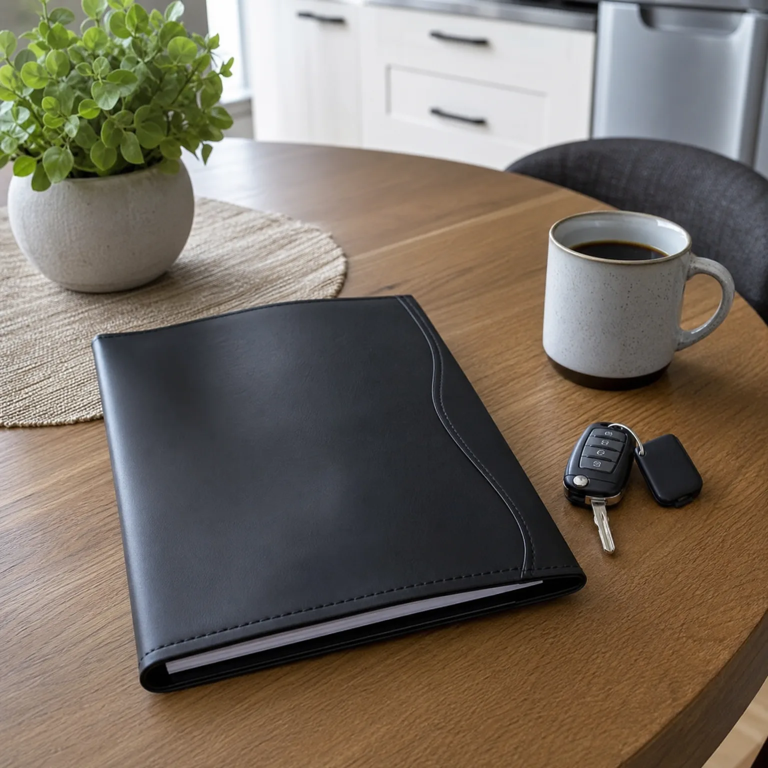 A black leather folio lies on a round wooden table beside a speckled mug of coffee, a car key fob with keys, and a potted green plant on a woven placemat, with white cabinets in the background.
