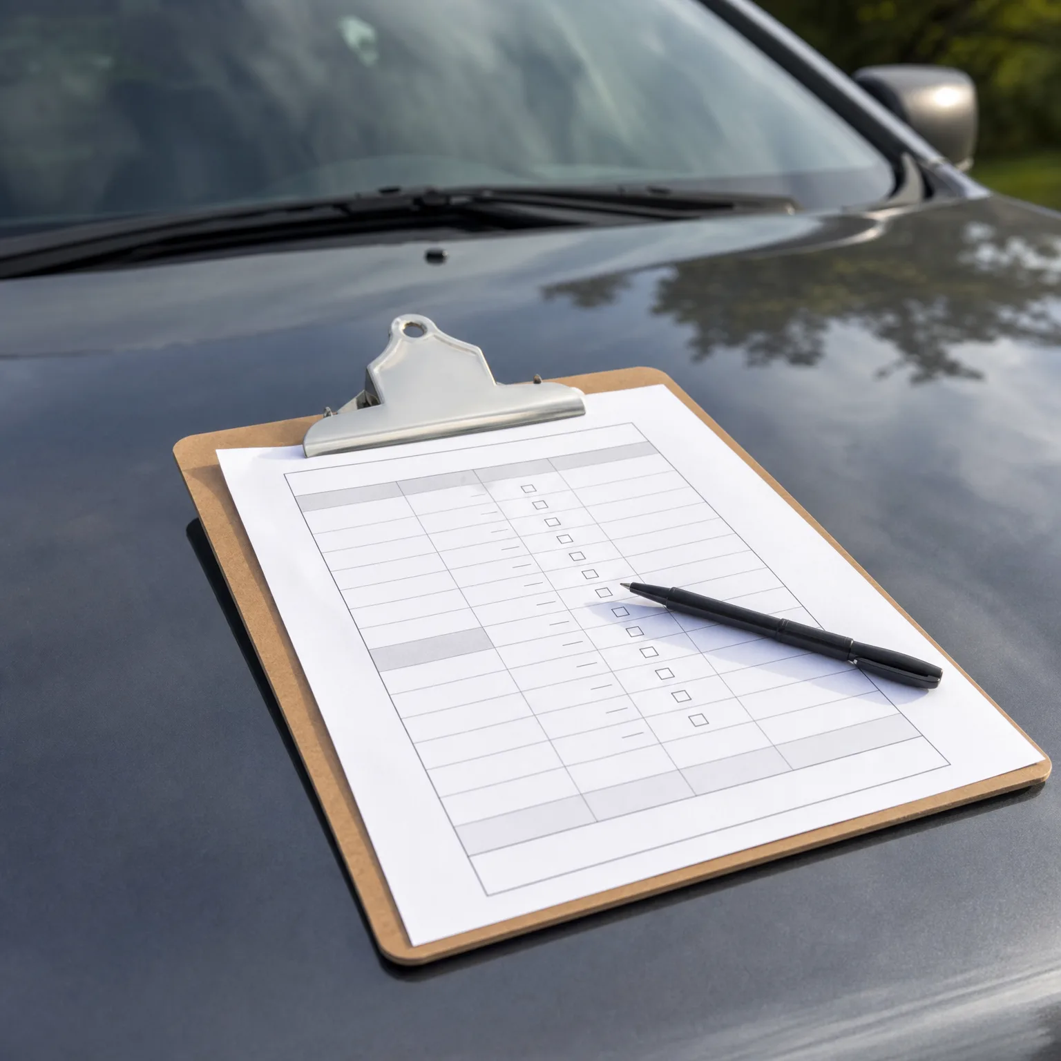 A wooden clipboard holding a blank checklist form with a black pen resting on it, sitting on the hood of a dark gray car.