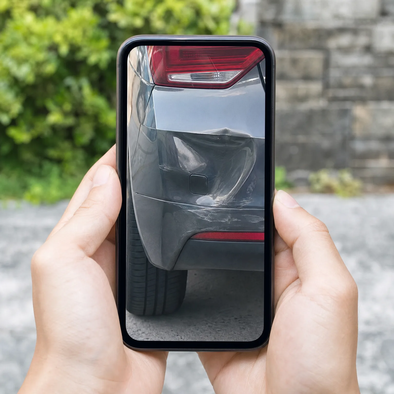 Two hands hold a smartphone displaying a close-up photo of a dented rear bumper on a dark grey car, with blurred green shrubs, a stone wall and gravel ground behind.