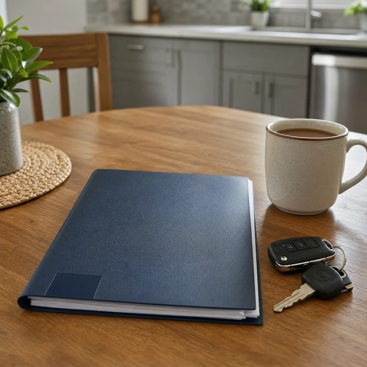 A navy blue folder of papers lies on a wooden table beside a speckled ceramic mug of coffee and a car key fob with two keys, with a potted plant and blurred kitchen cabinets behind.