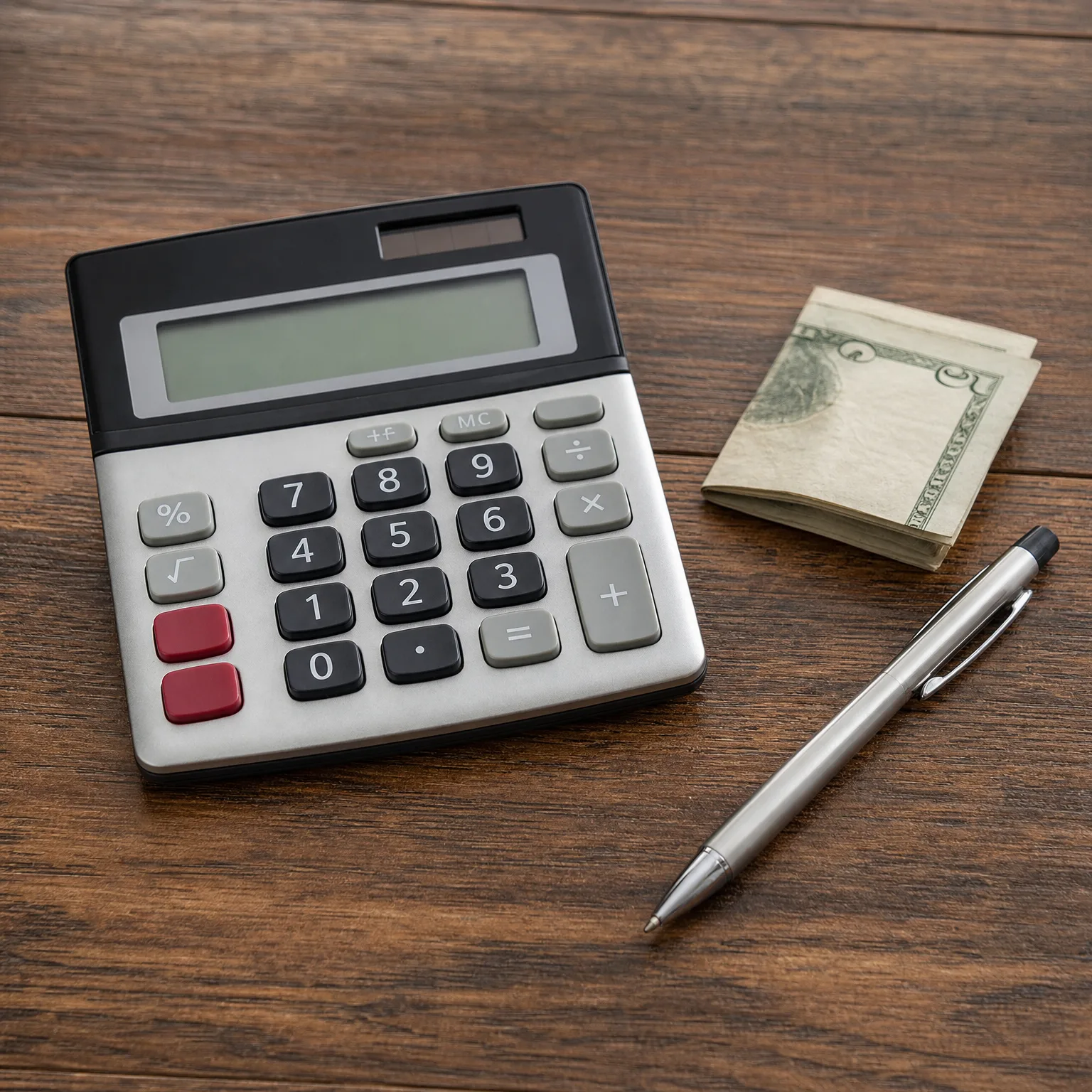 A desktop calculator with a blank display, a folded stack of banknotes, and a silver ballpoint pen on a dark wooden surface.