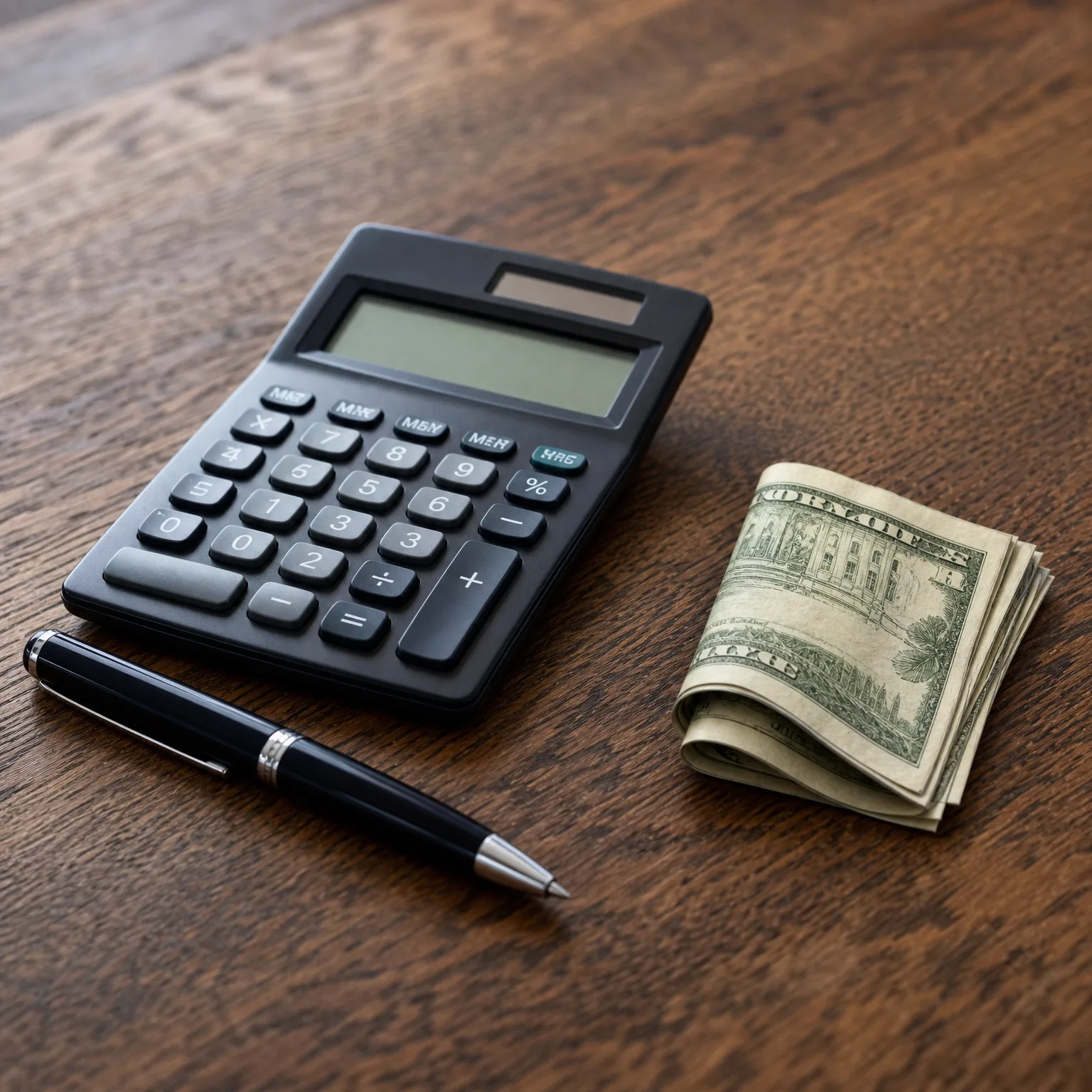 A black desktop calculator, a black ballpoint pen, and a folded stack of banknotes resting on a dark wooden table.