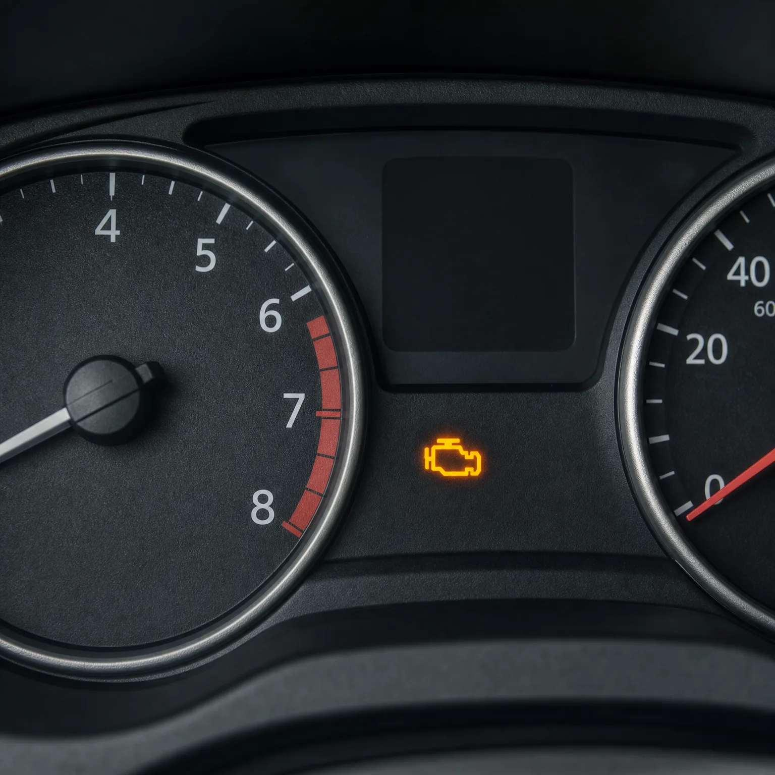 Close-up of a car instrument cluster showing a tachometer with a red zone past 6, a partially visible second gauge, and an illuminated amber engine-shaped warning light between them.