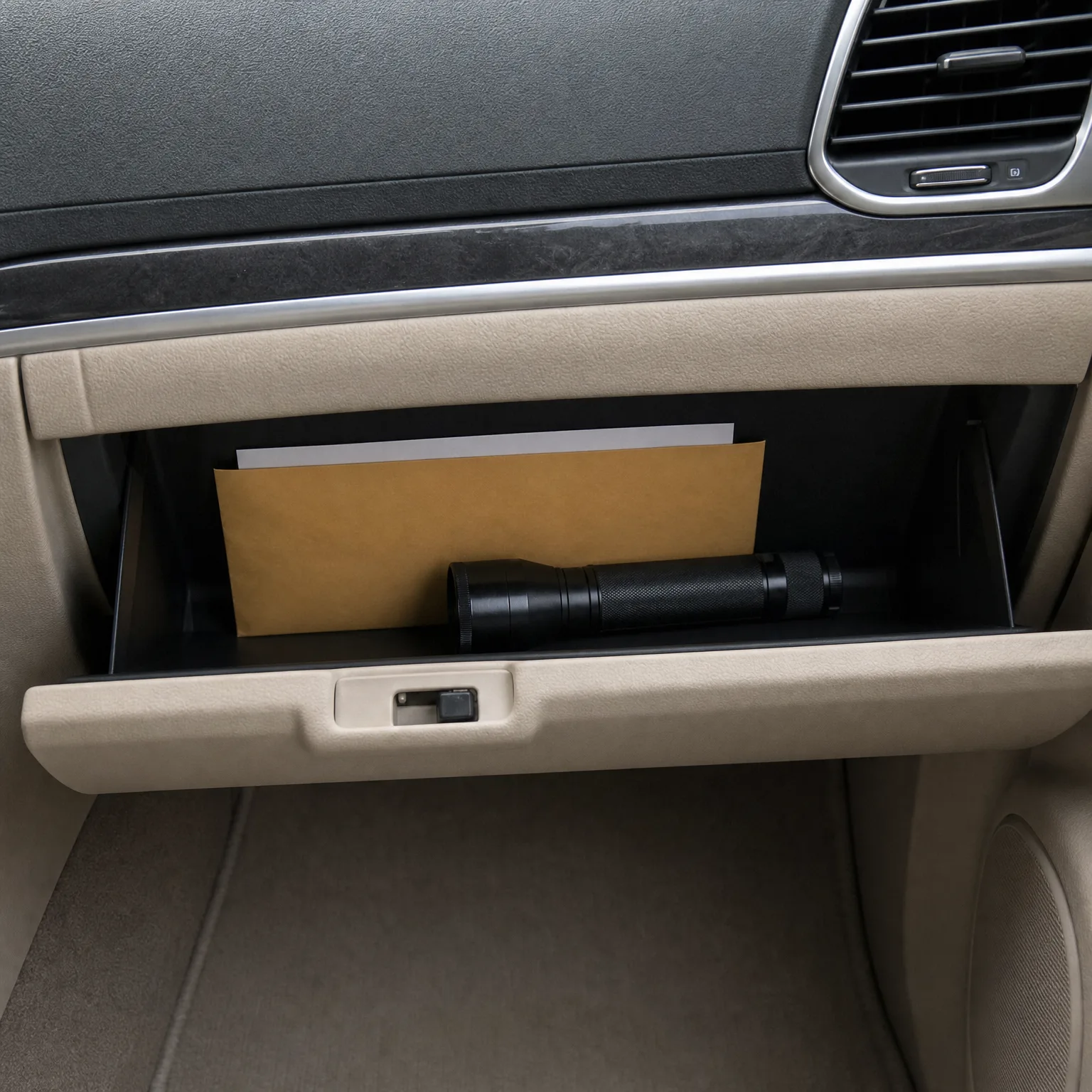 An open glove compartment in a car with beige interior trim, containing a black flashlight, a tan envelope, and white papers.