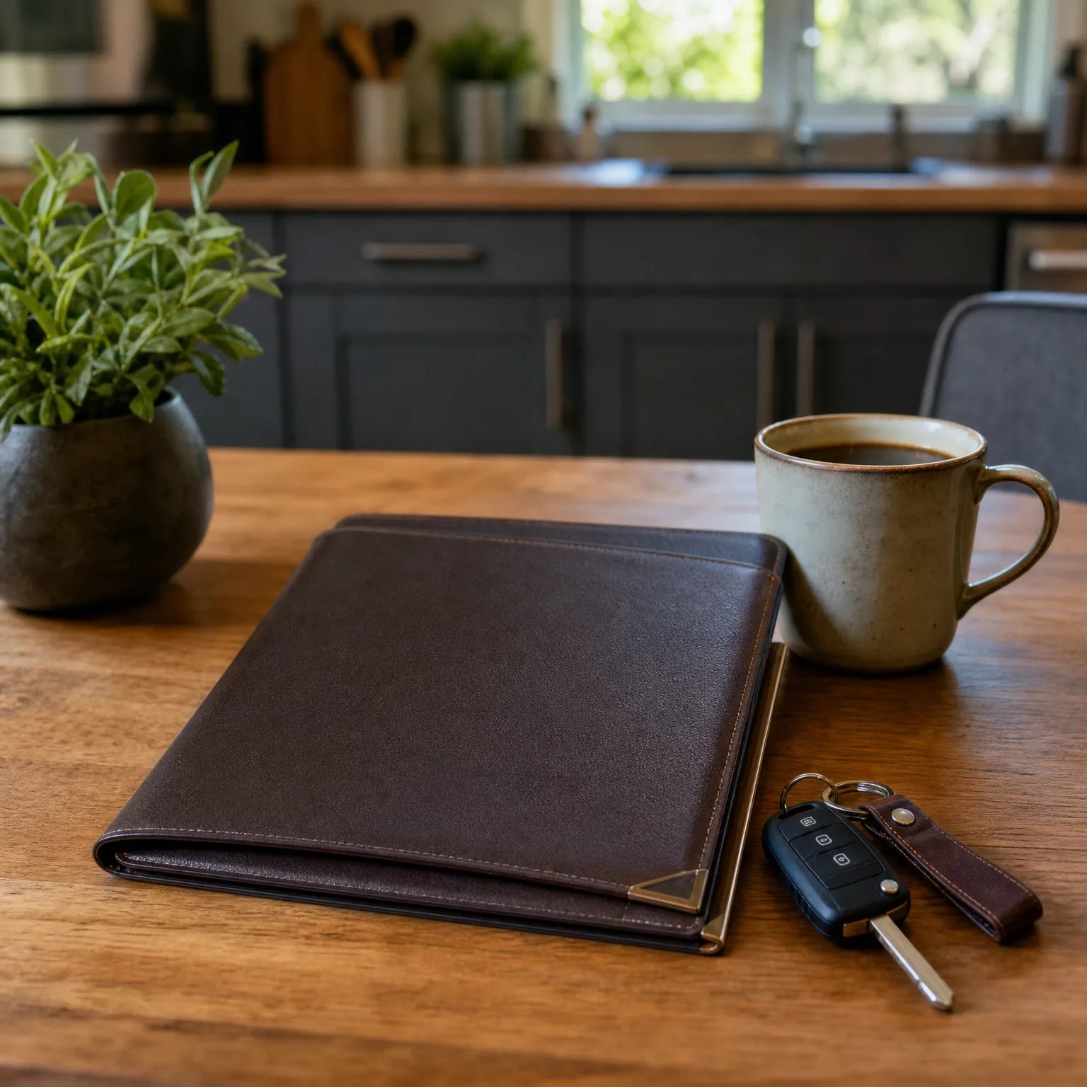 A dark brown leather folio lies on a wooden table beside a ceramic mug of coffee, a car key fob with a leather keychain, and a potted green plant, with blurred kitchen cabinets and a window behind.