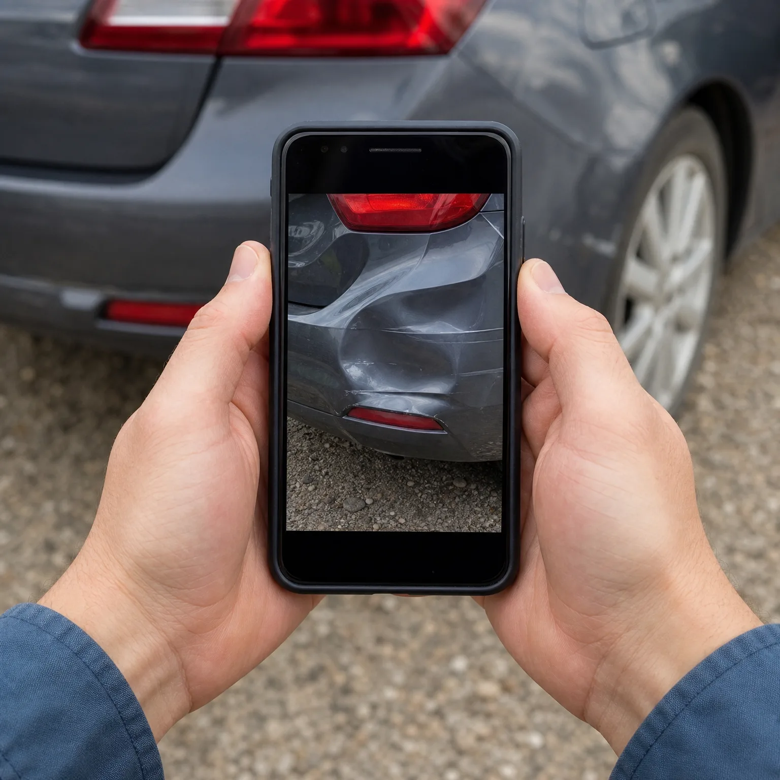 Two hands hold a smartphone photographing the dented rear bumper and tail light of a gray car parked on gravel, with the damage shown on the phone screen.