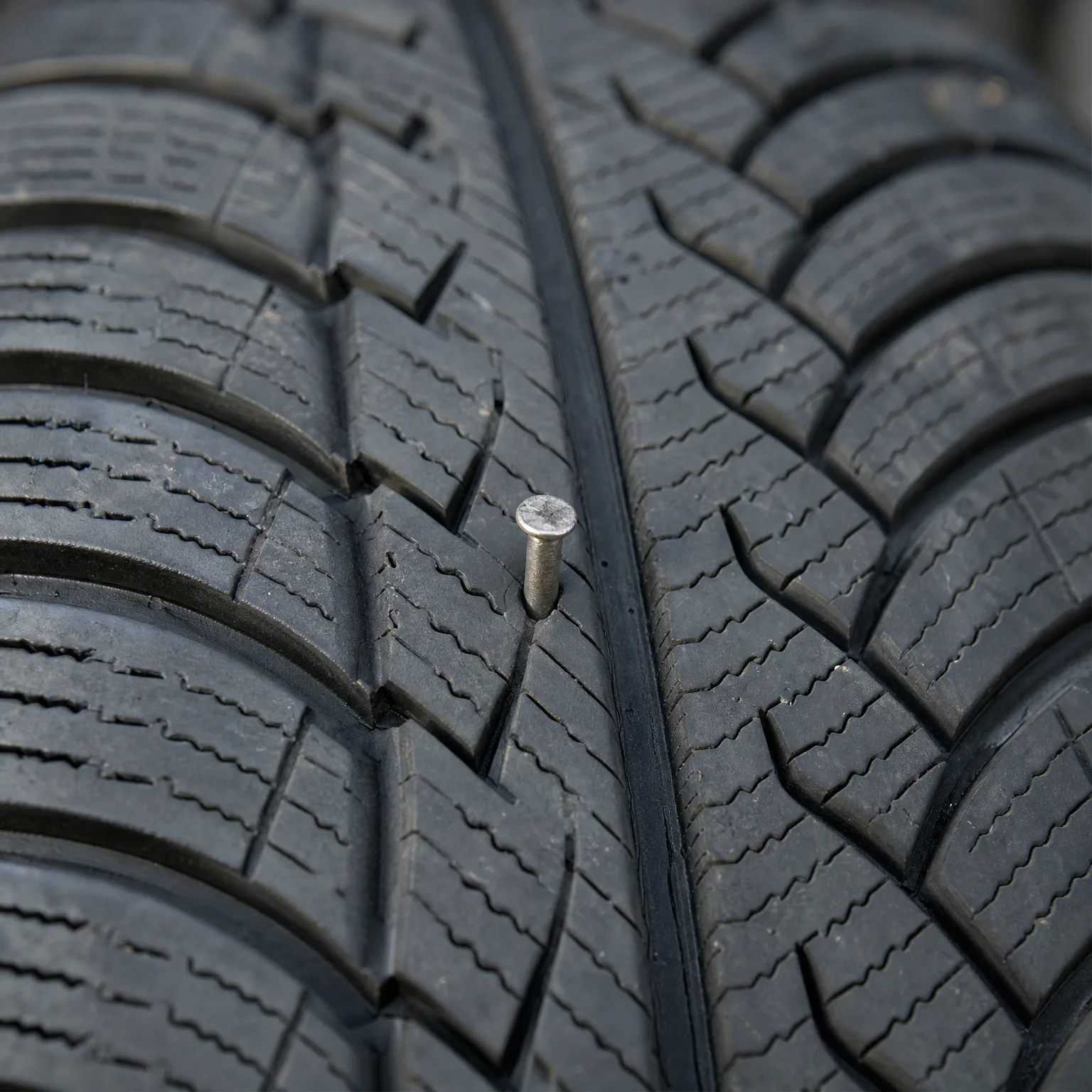 Close-up of a black tire tread with a metal nail head embedded in the rubber near a circumferential groove.
