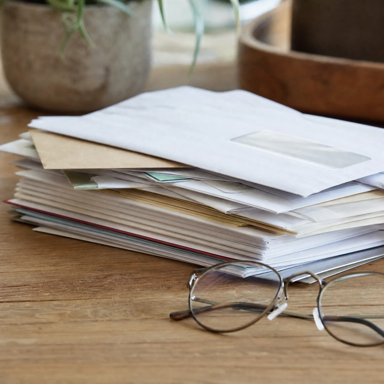 A stack of unopened white and manila envelopes on a wooden table, with eyeglasses in front and a potted plant and bowl blurred behind.