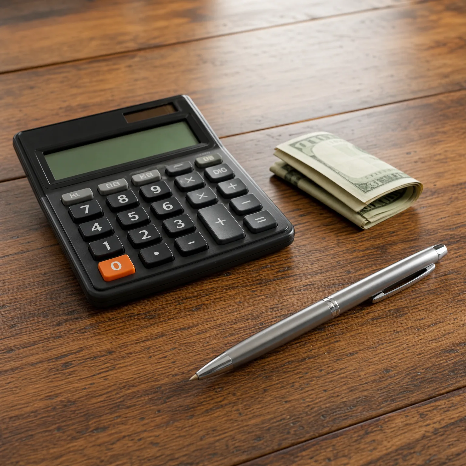 A black desktop calculator, a folded stack of banknotes, and a silver ballpoint pen on a dark wooden surface.