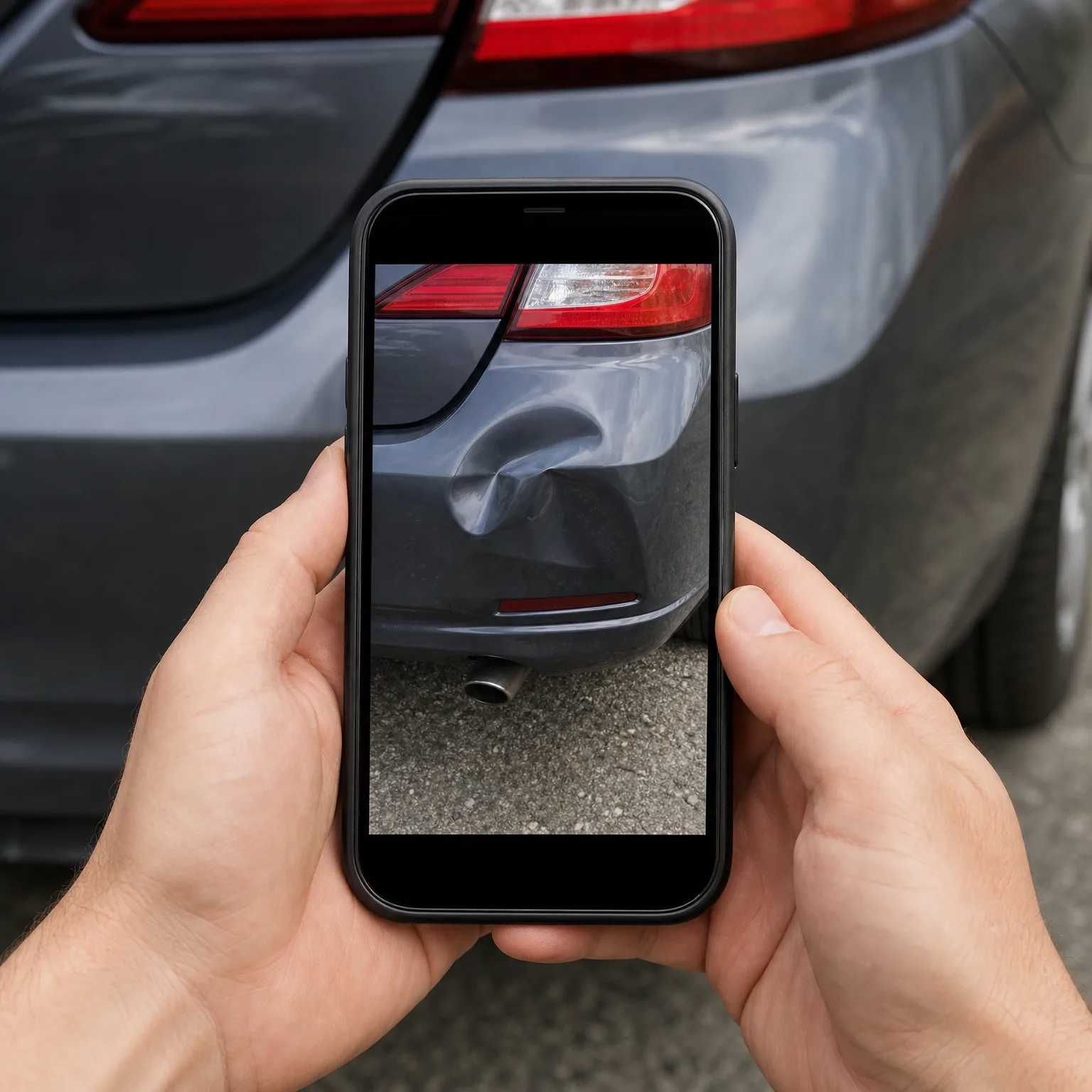 Two hands hold a smartphone displaying a photo of a dented gray car bumper, with the same damaged vehicle visible in the background.