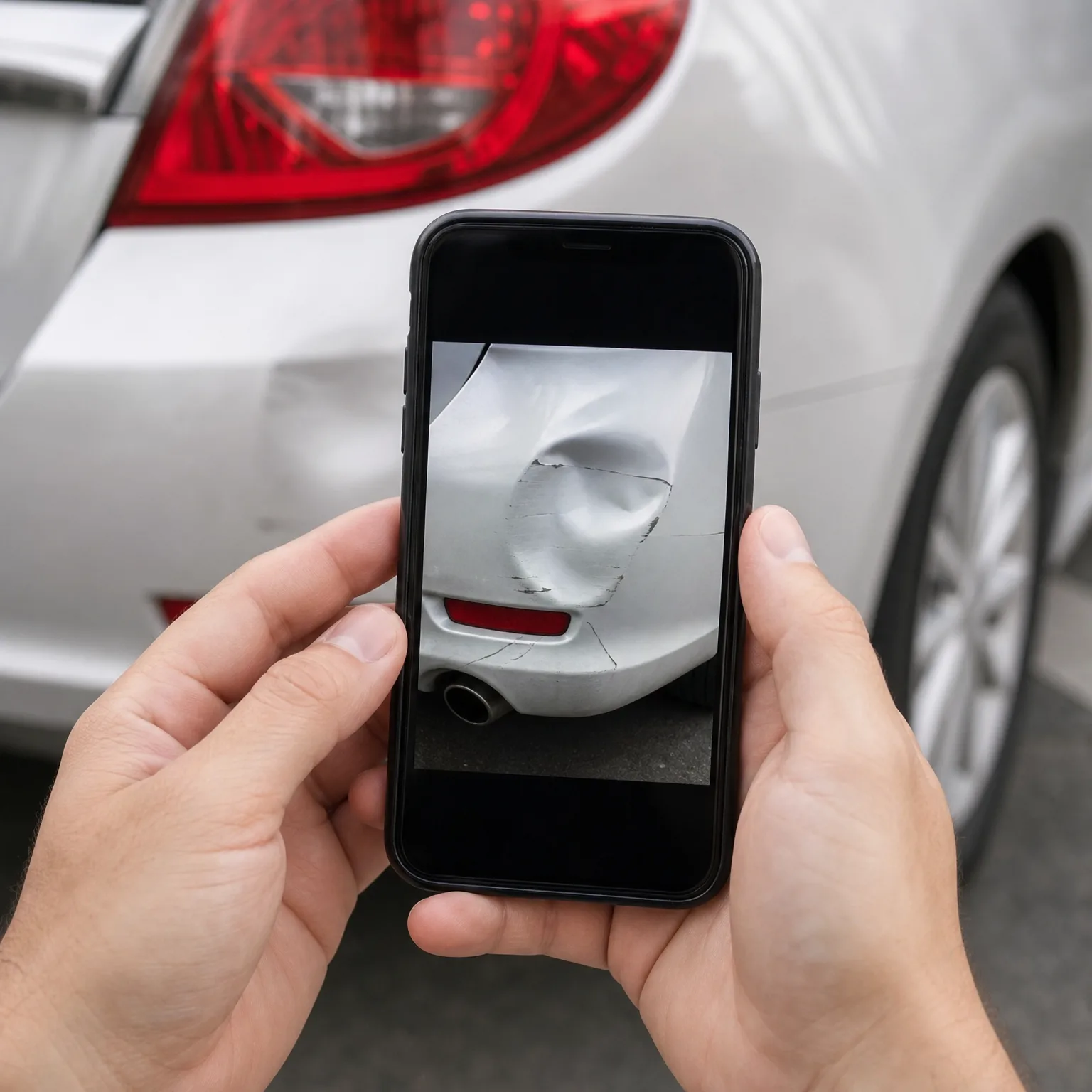 Two hands hold a black smartphone displaying a photo of a dented white car bumper, in front of the rear corner of a white car with a red taillight.