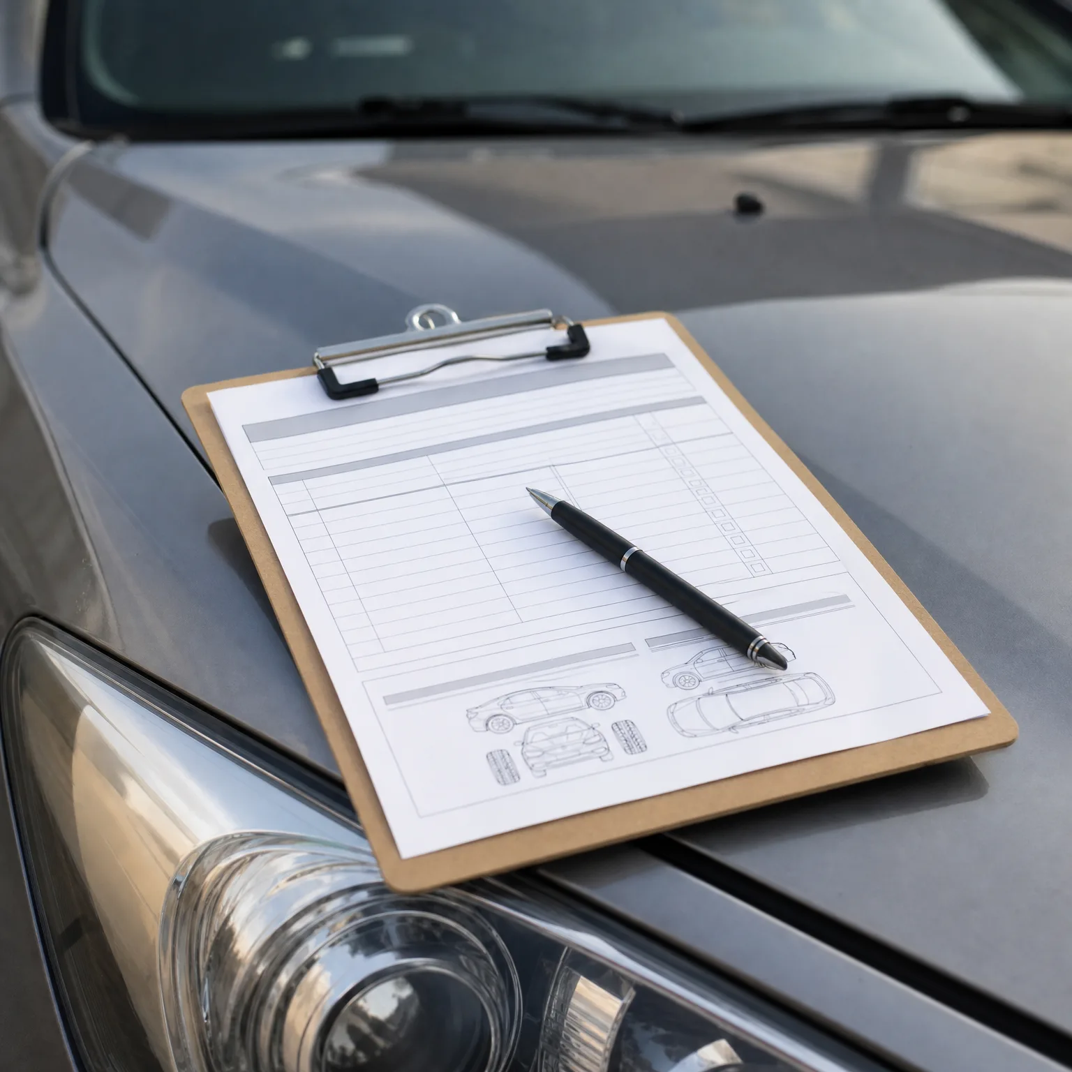 A wooden clipboard holding a blank vehicle inspection form with car diagrams, with a black pen resting on it, placed on the hood of a silver car near the headlight.