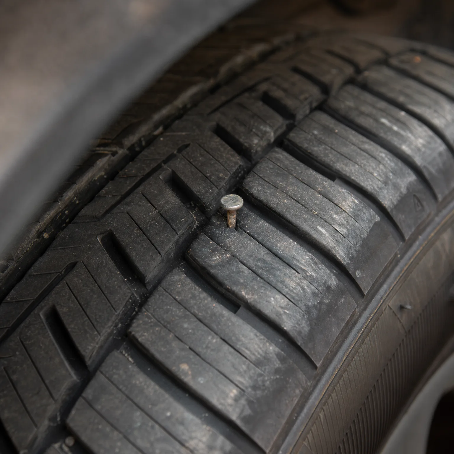 Close-up of a black tire tread with a nail head embedded between the tread blocks.