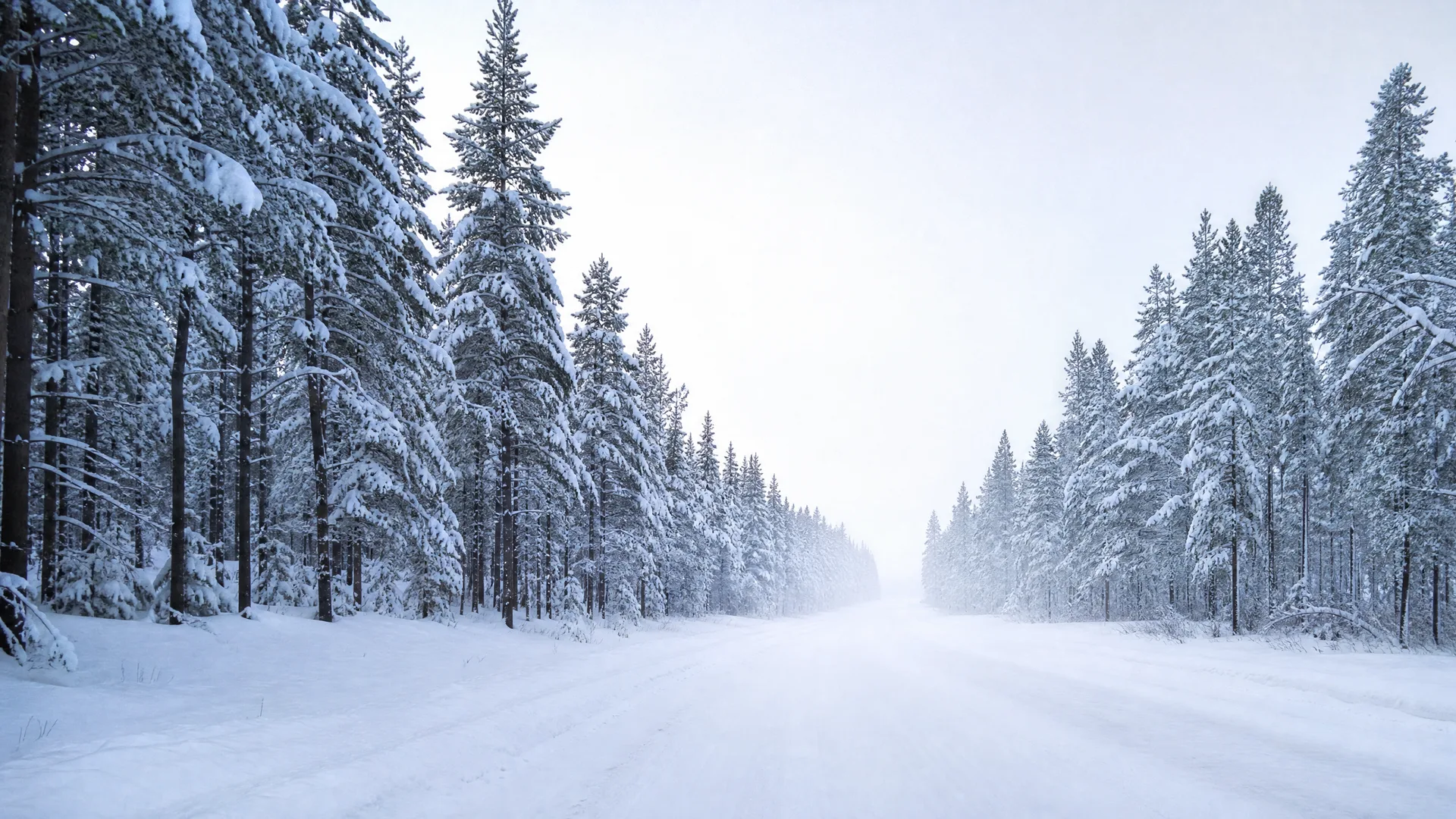A snow-covered road runs straight toward the horizon between rows of snow-laden conifer trees under a pale overcast sky.
