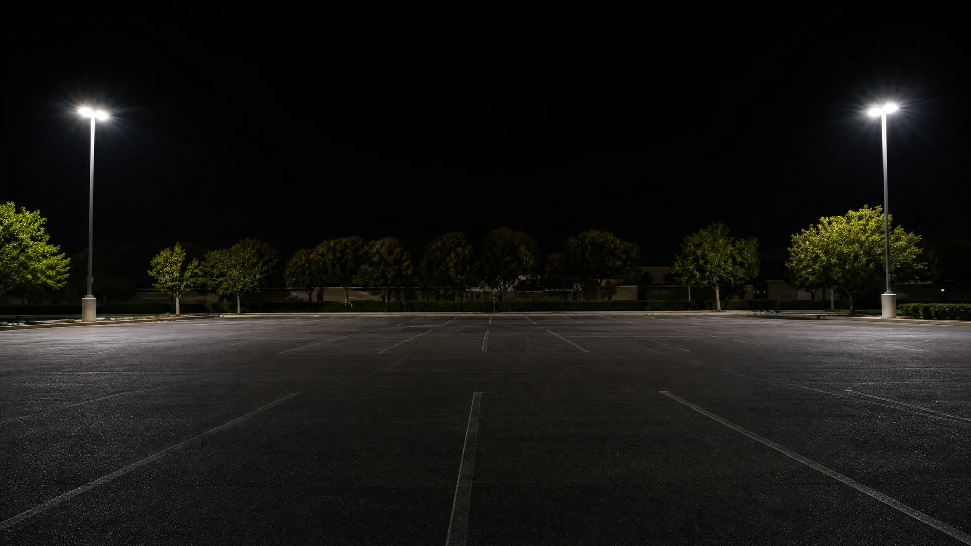 An empty asphalt parking lot at night with painted white stall lines, lit by two tall pole lights, with a row of trees and low walls along the far edge.